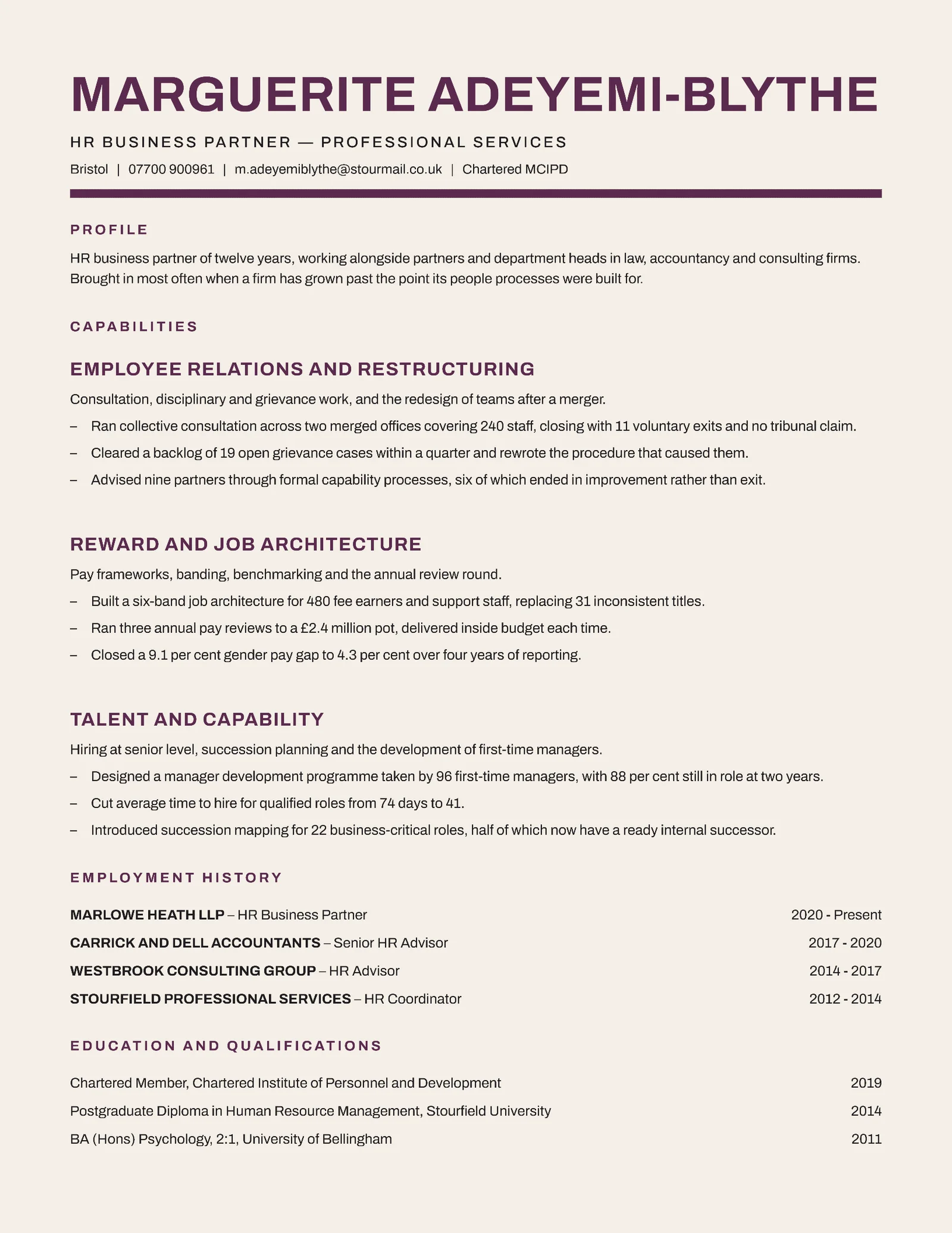 HR Business Partner Functional Resume — Letter Resume template