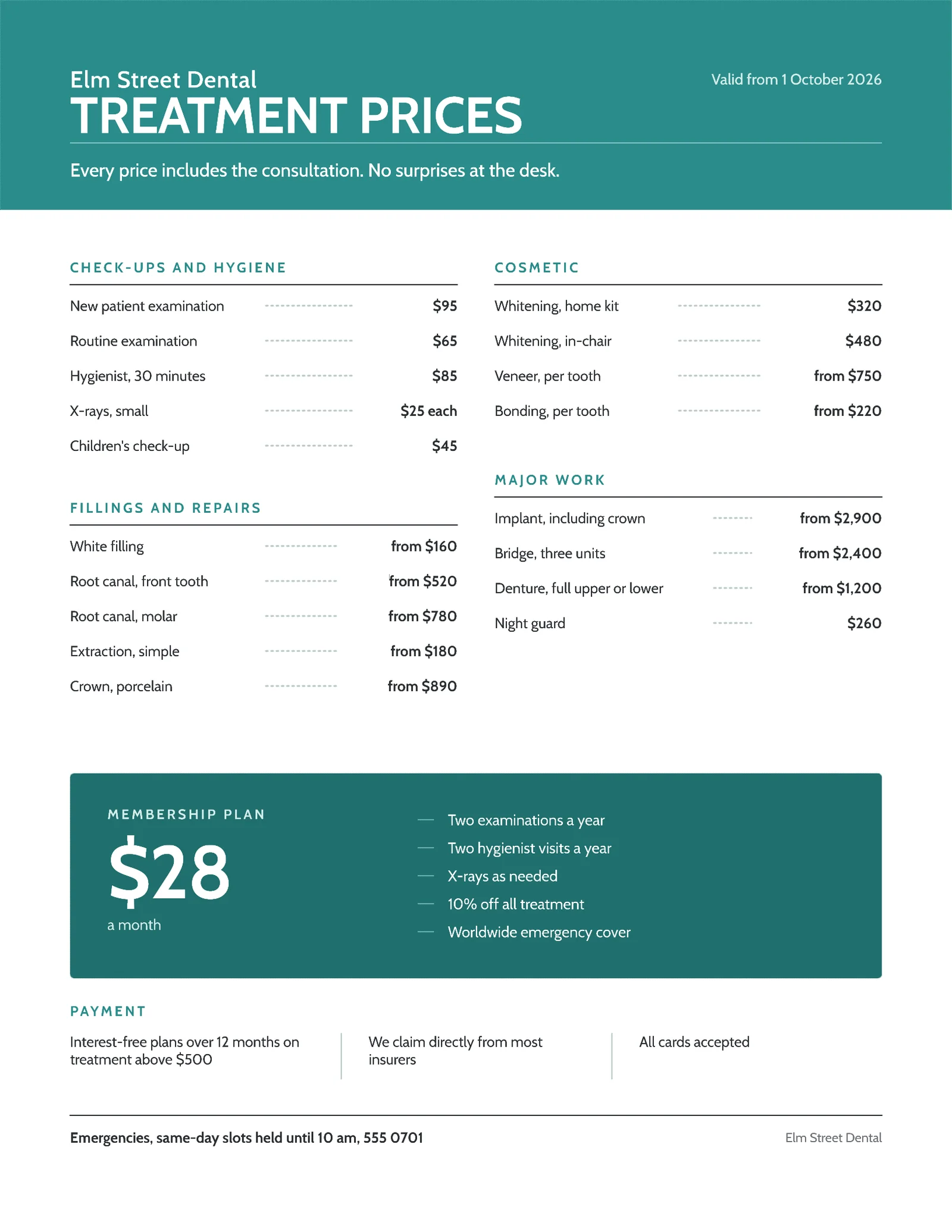 Clean Price List Dental Treatments — 2-page One pager template, page 2 of 2