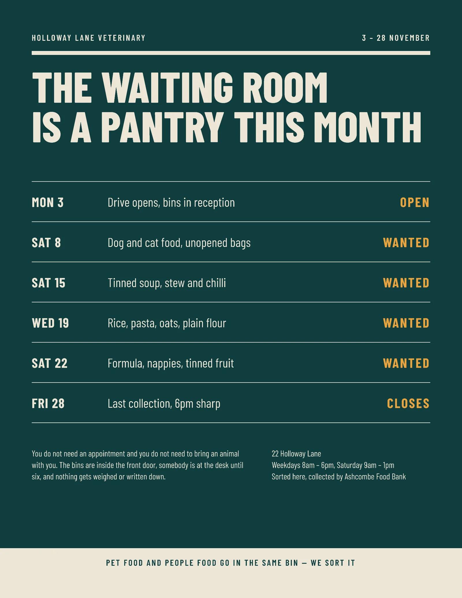 Deep Teal Timetable Veterinary Food Drive Flyer — Letter Flyer template