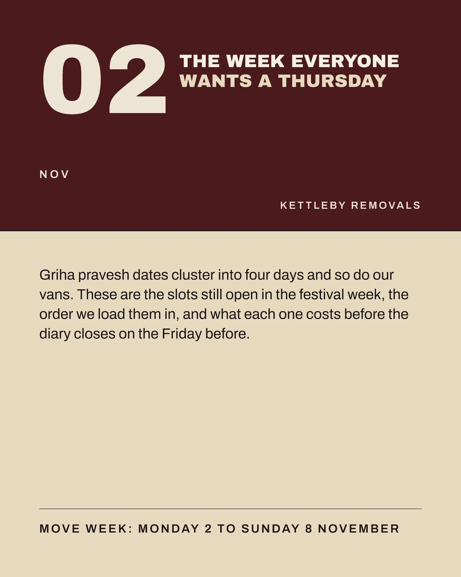 Sand Oxblood Date Tab Ledger Removals Diwali Move Week Instagram Carousel — 4-panel Instagram carousel carousel template, page 1 of 4