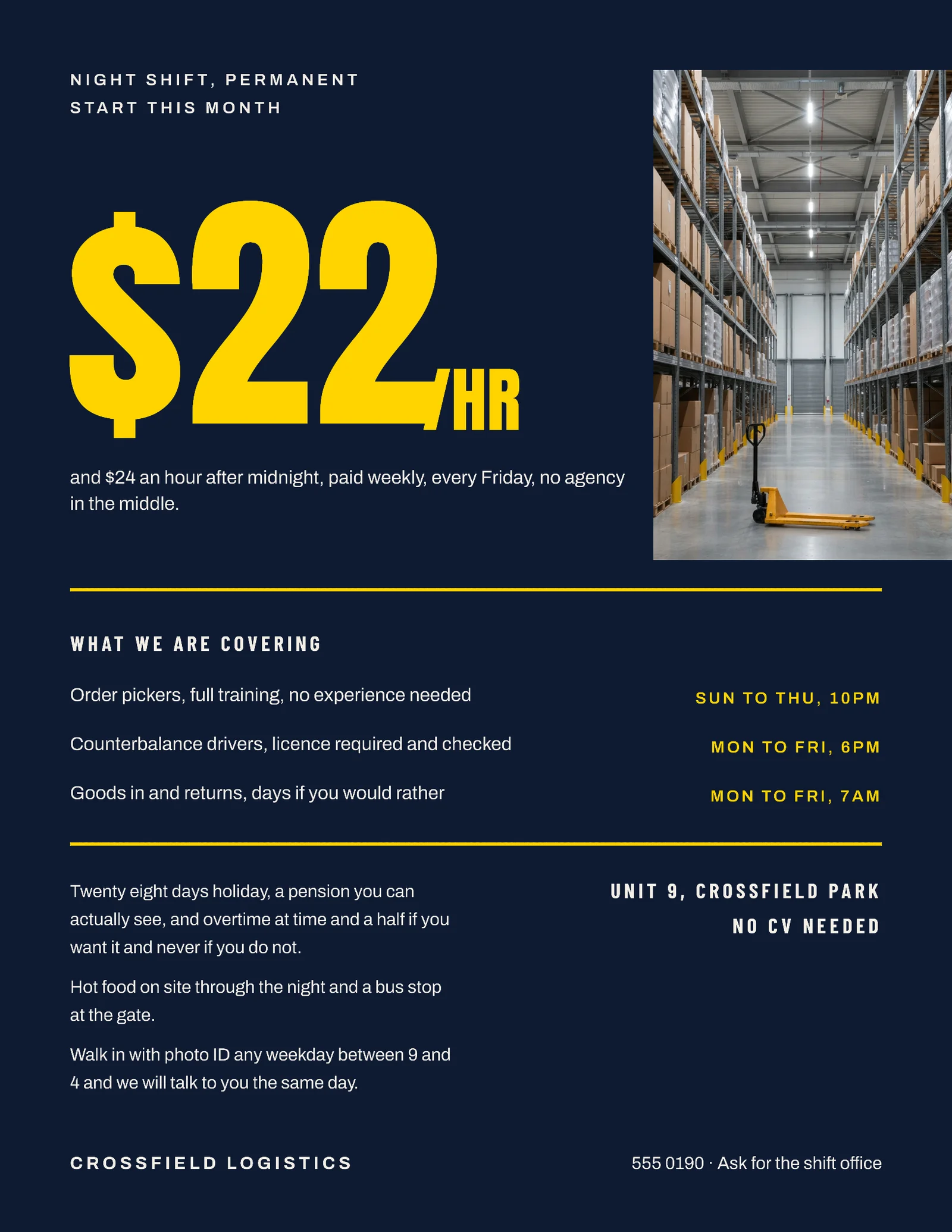 Navy Pay Numeral Warehouse Hiring Flyer — Letter Flyer template