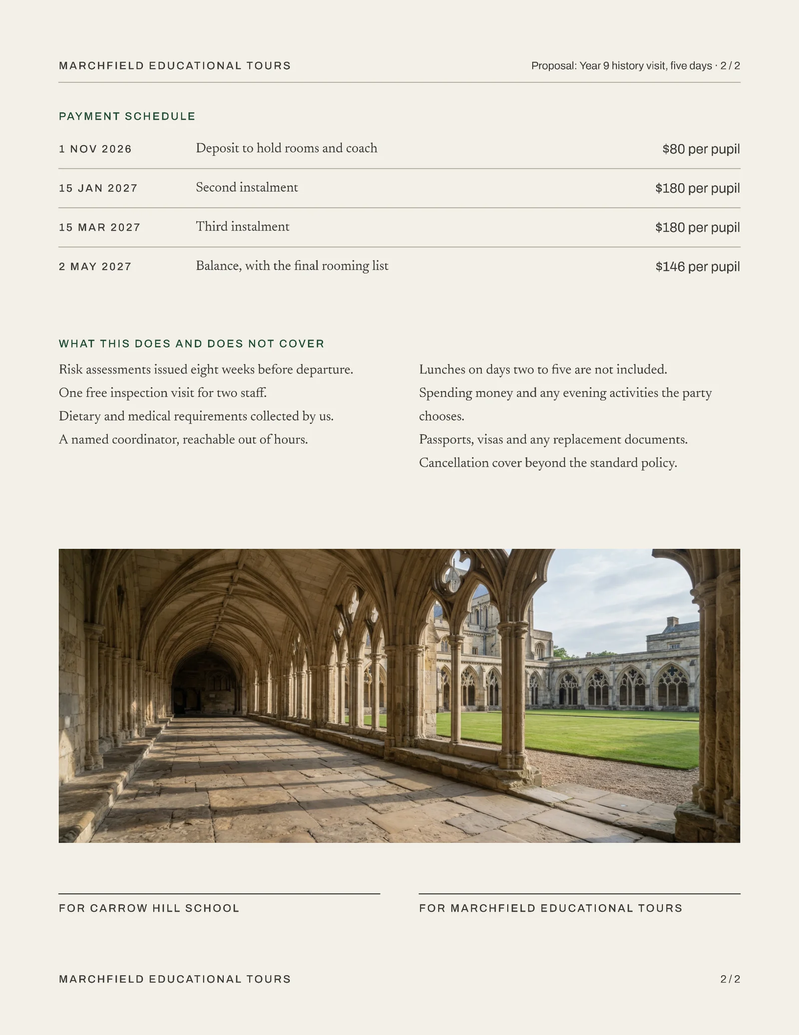 Forest Oat Per Head Costing School History Trip Proposal — 2-page Proposal template, page 2 of 2
