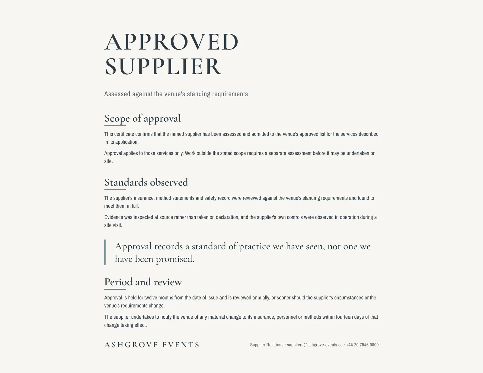 Approved Supplier Certificate — Letter landscape Certificate template