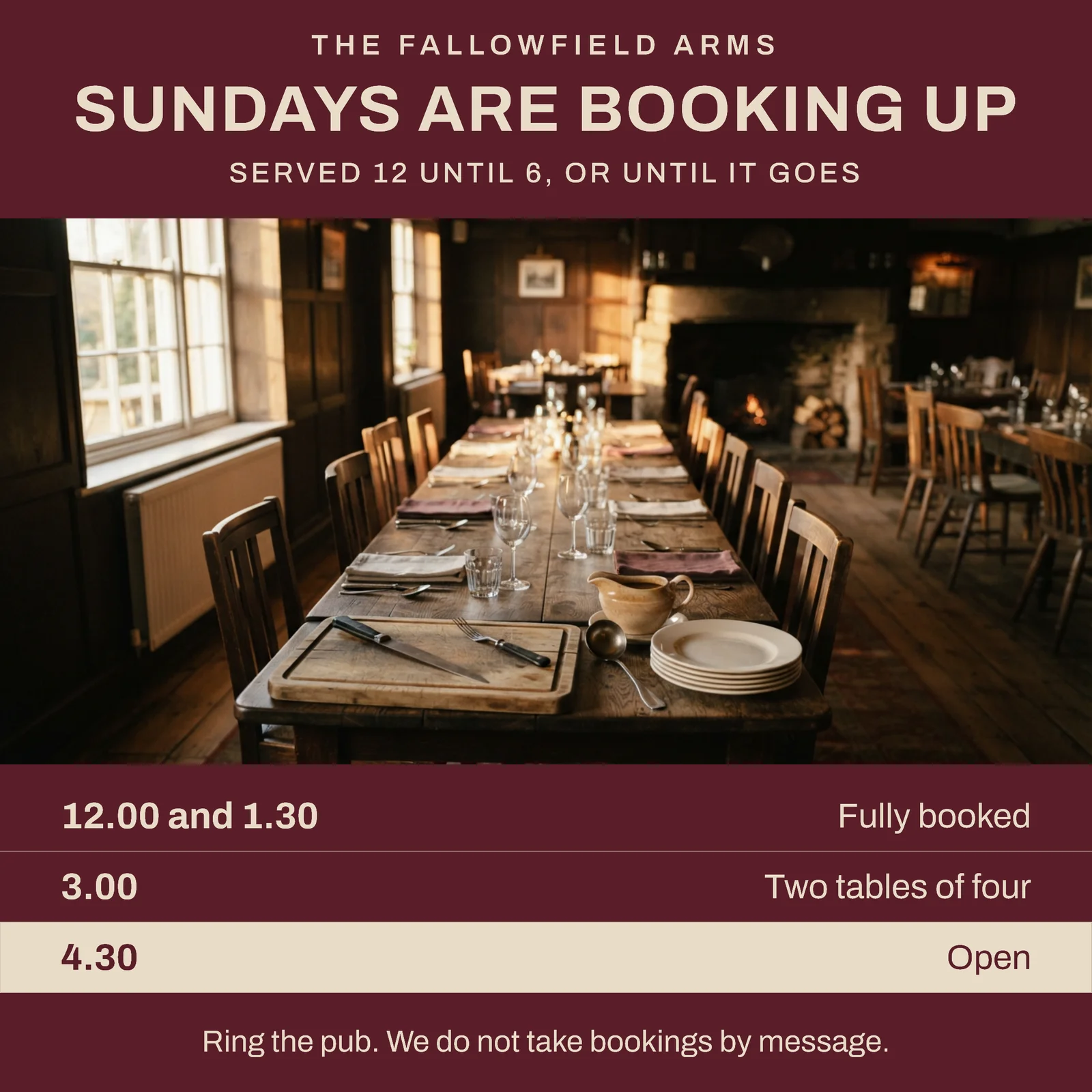 Sunday Roast Bookings Pub Dining Room Instagram Ad — 1:1 Instagram ad template