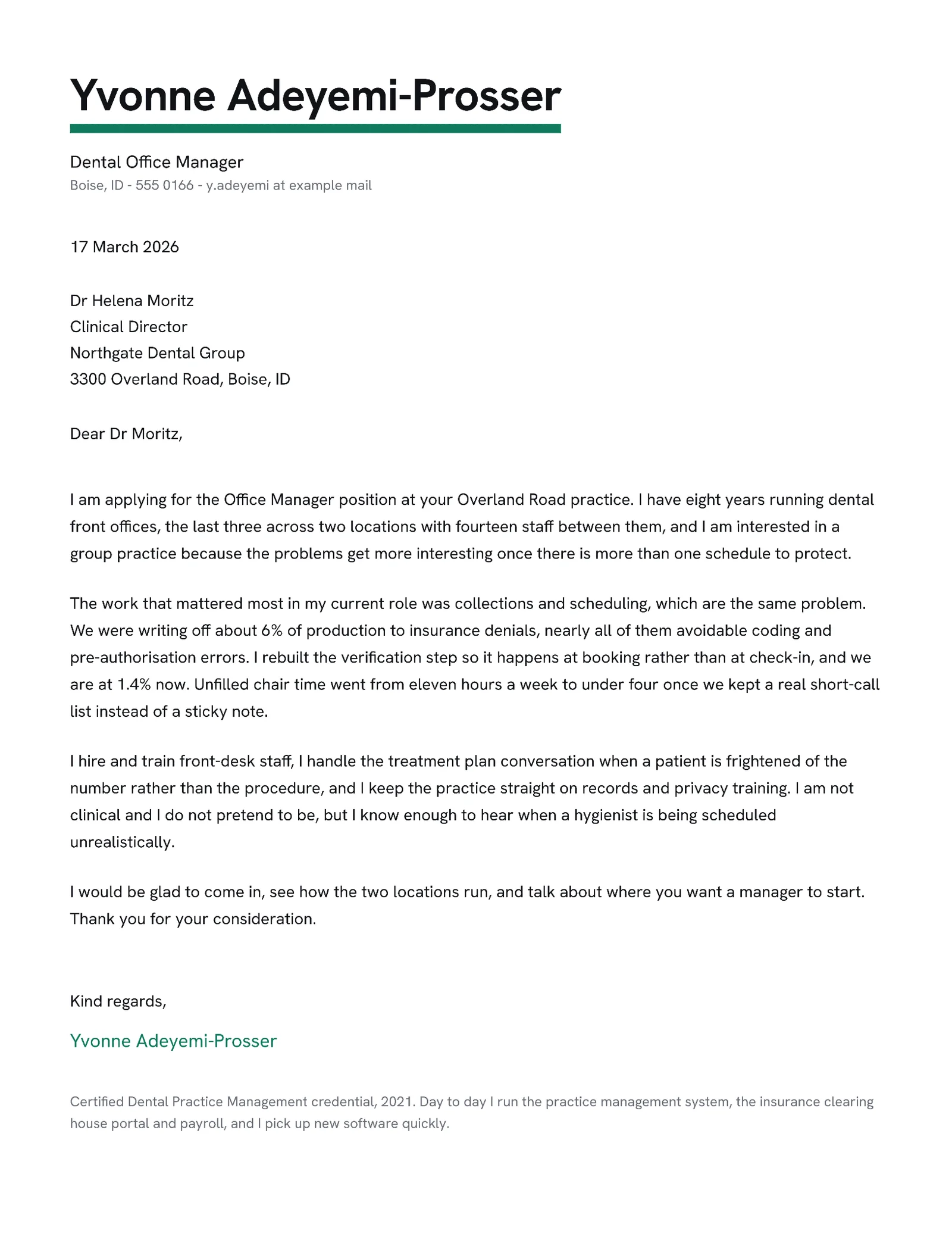 Dental Office Manager Cover Letter — Letter Cover letter template