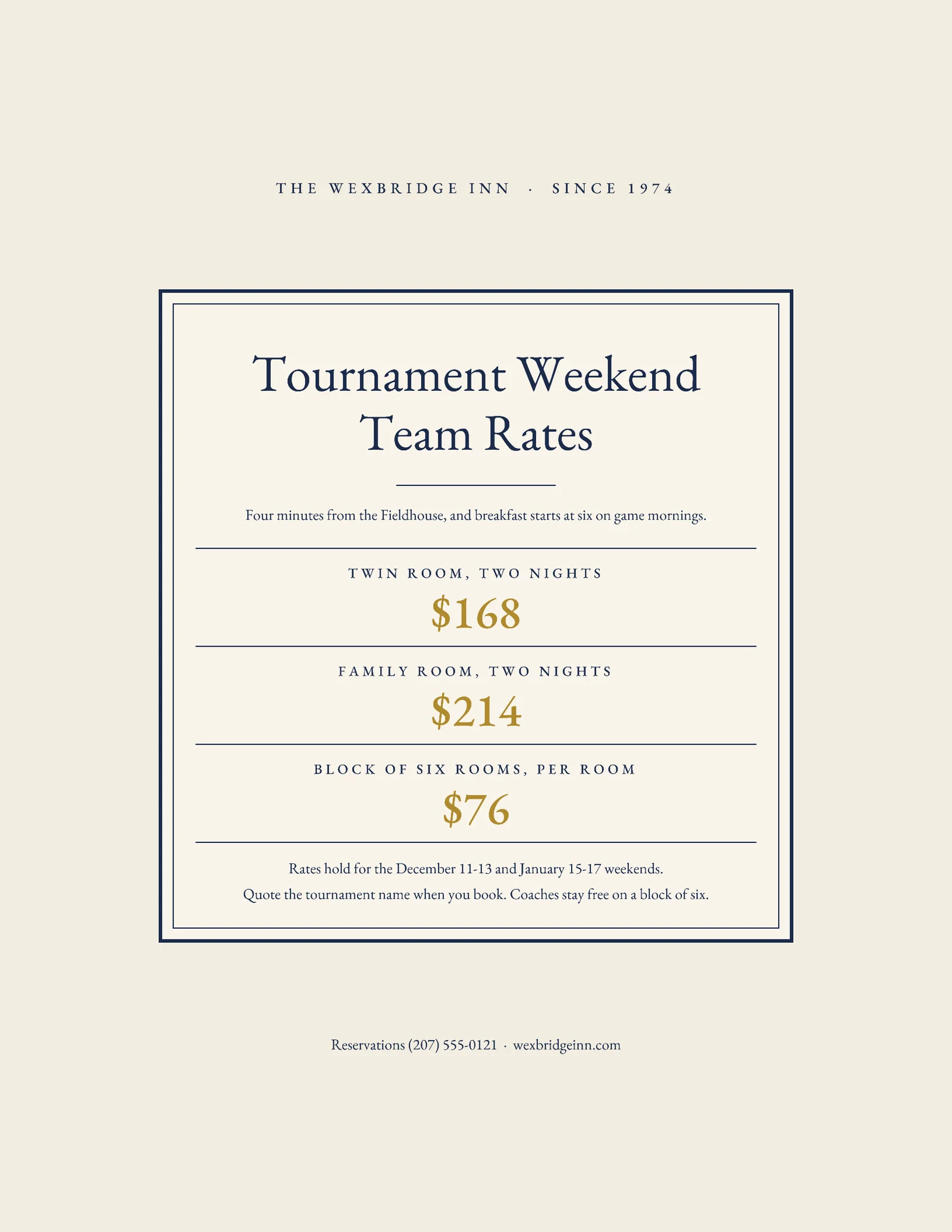 Ivory Navy Centred Rate Plate Inn Tournament Weekend Flyer — Letter Flyer template