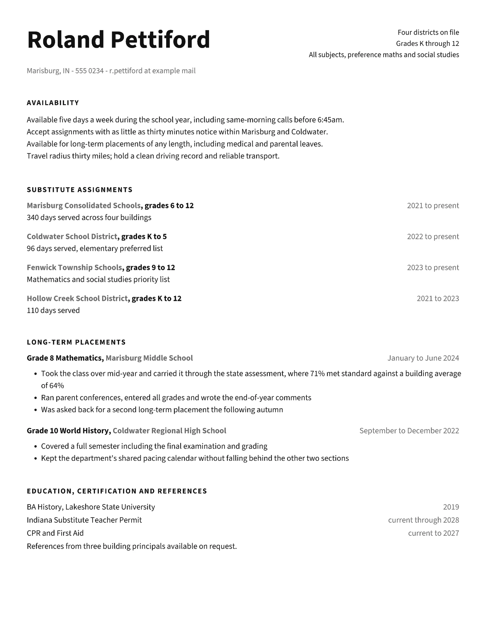 Substitute Teacher Resume — Letter Resume template