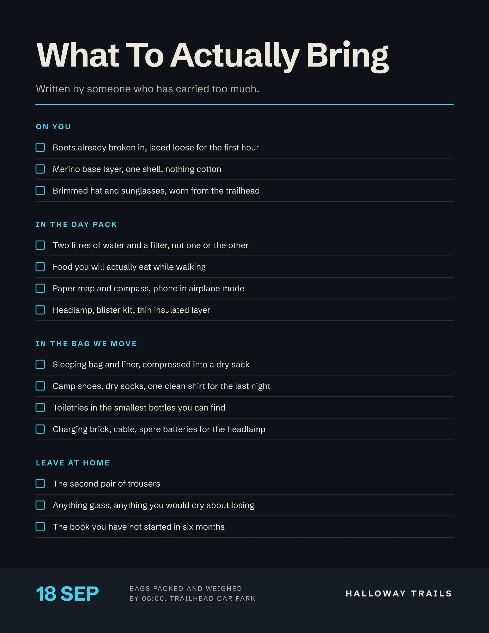 Kit List One Pager — 2-page One pager template, page 1 of 2