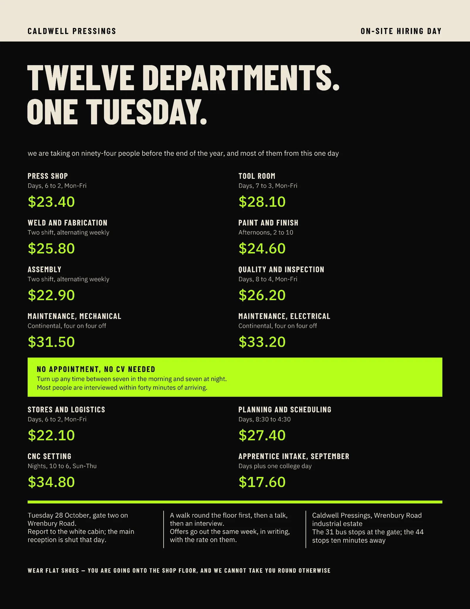 Near Black Acid Green Block Bed Callout Plant Hiring Day Flyer — Letter Flyer template