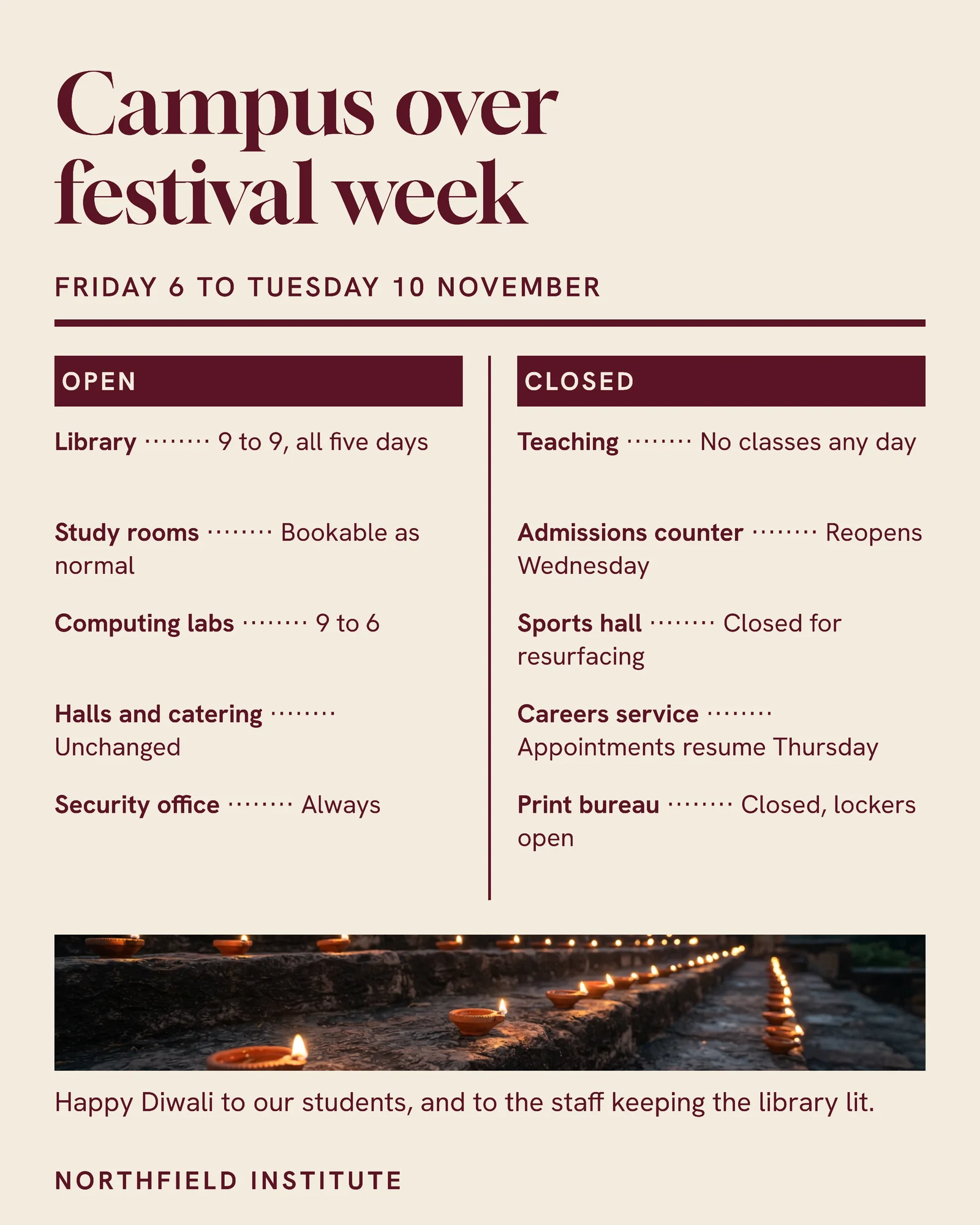 Cream Maroon Open Closed Columns Institute Diwali Campus Week Post — 4:5 LinkedIn post template