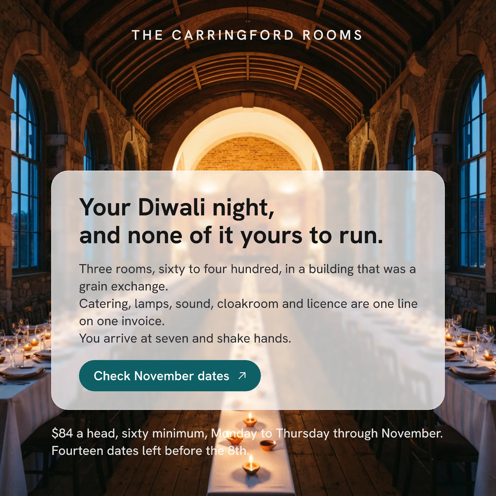 Daylight Frosted Card Banquet Hall Corporate Diwali Party LinkedIn Ad — 1:1 LinkedIn ad template
