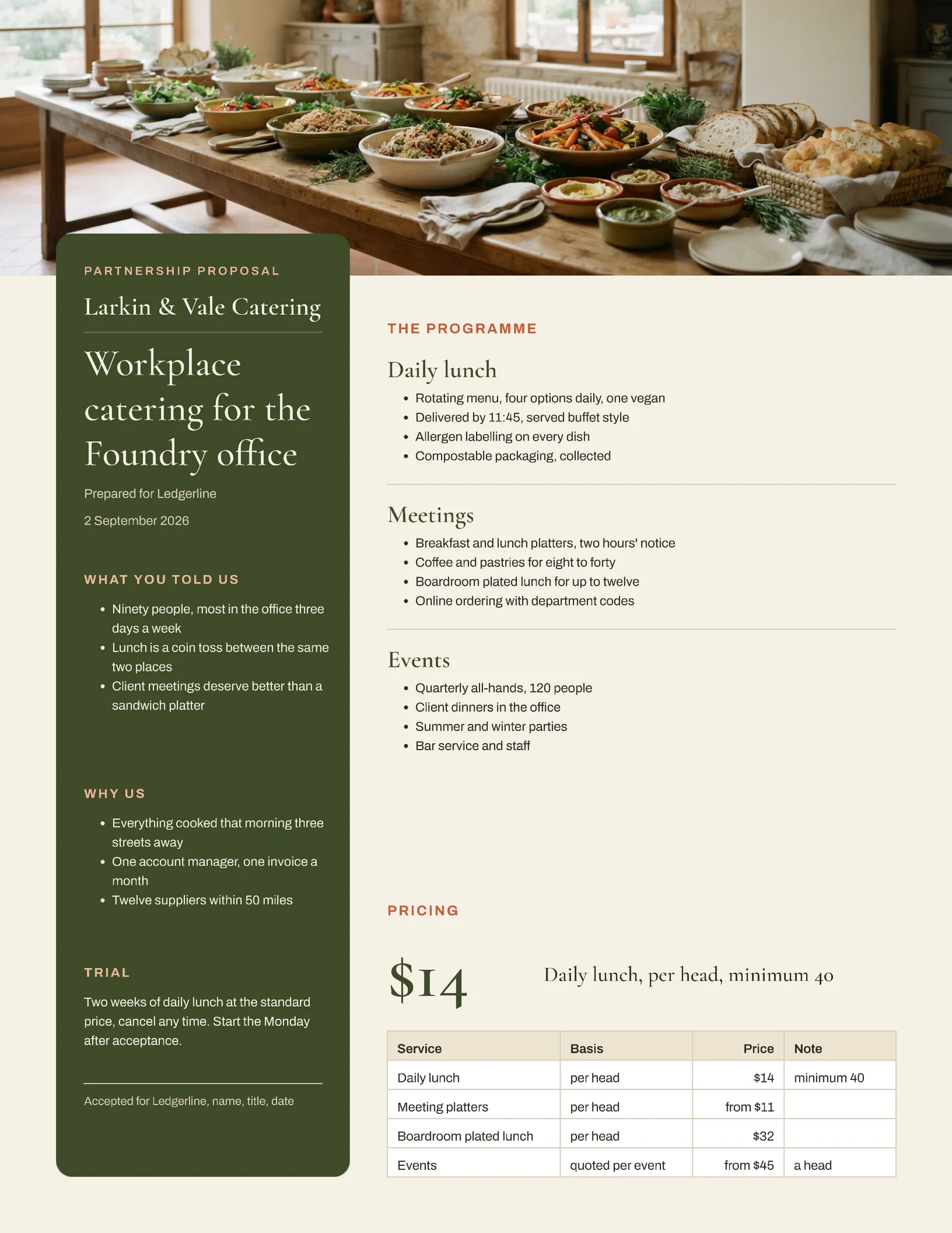 Warm Food Workplace Catering Partnership Proposal — 2-page Proposal template, page 2 of 2