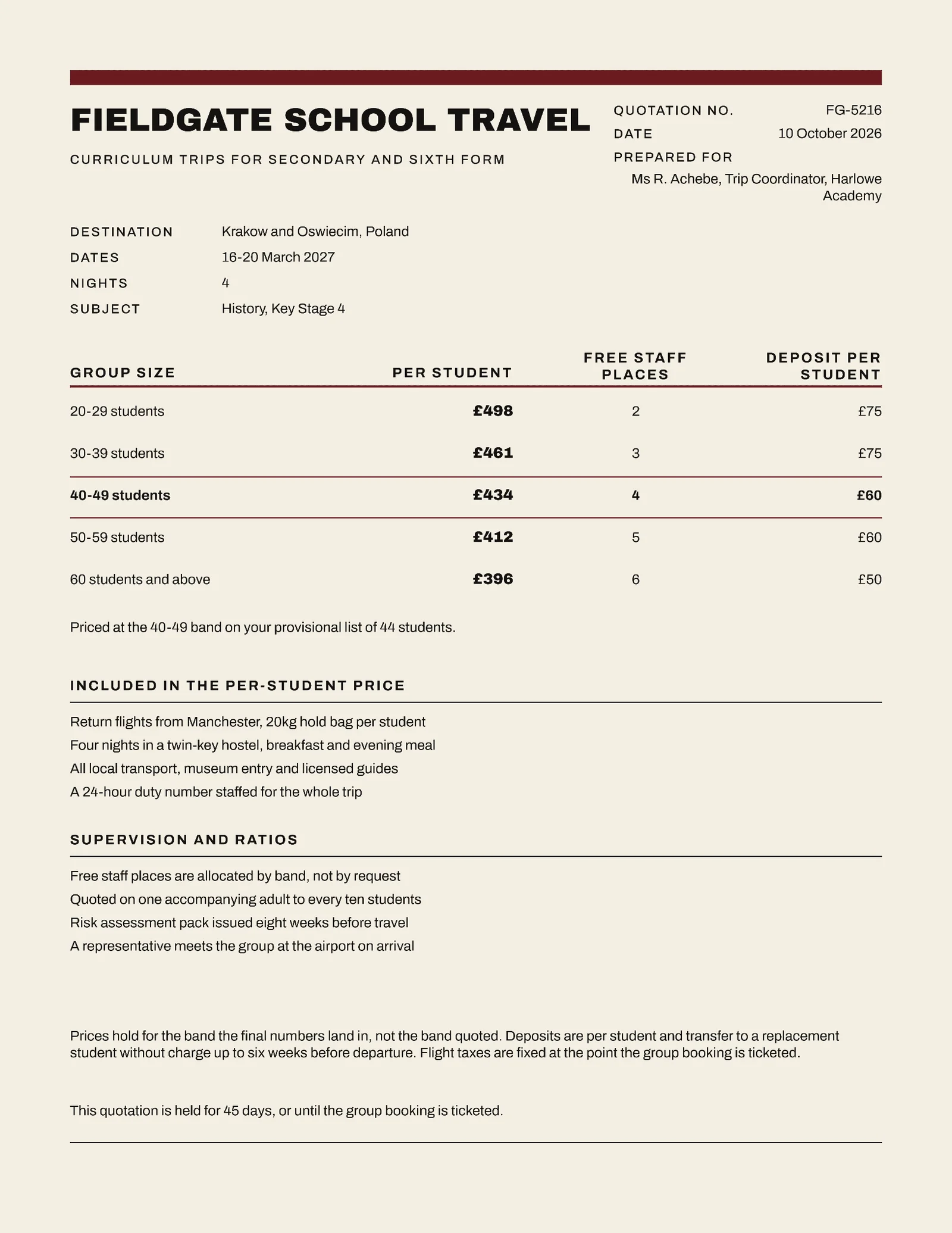 School Travel Group Size Price Break Quote — Letter Quote template