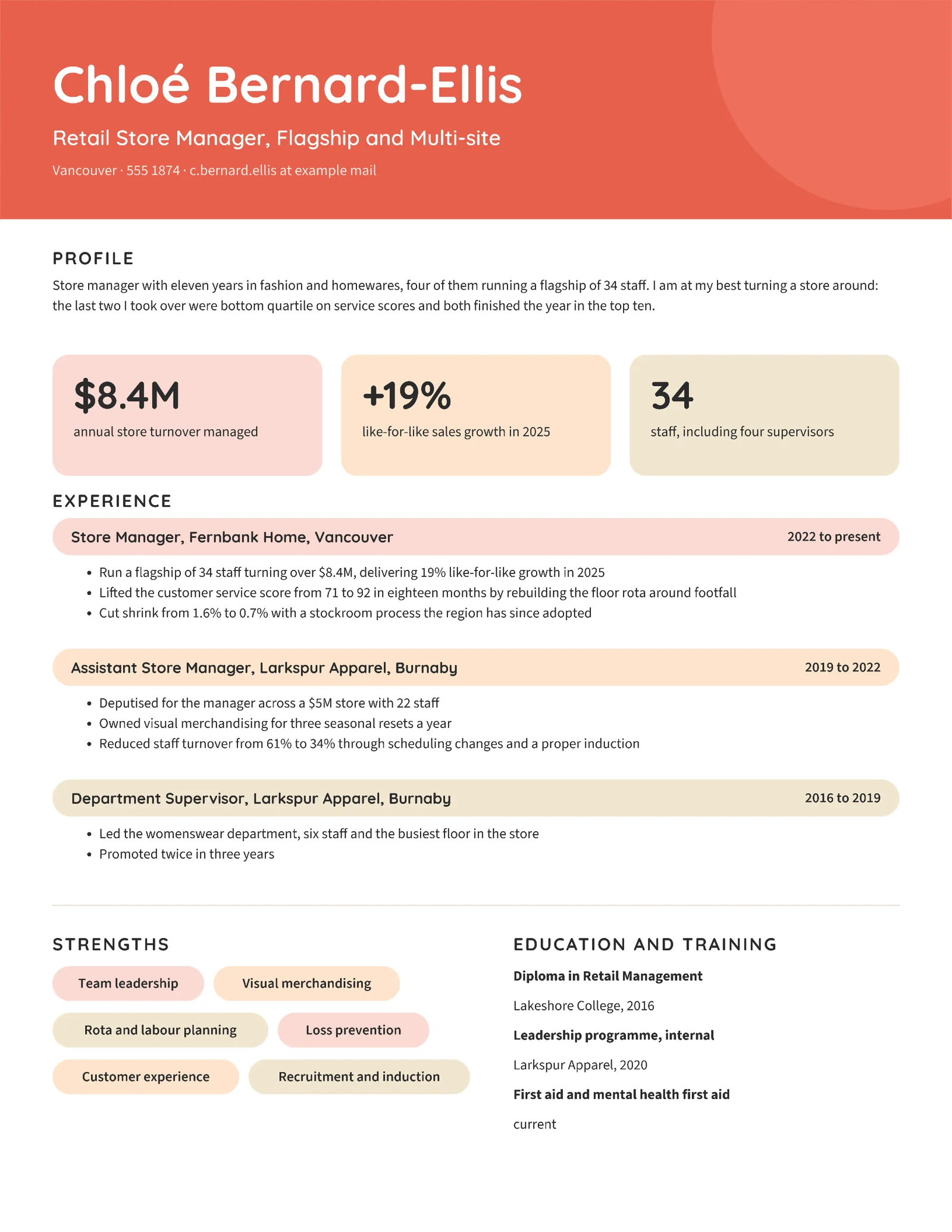 Coral Colorful Retail Store Manager Resume — Letter Resume template