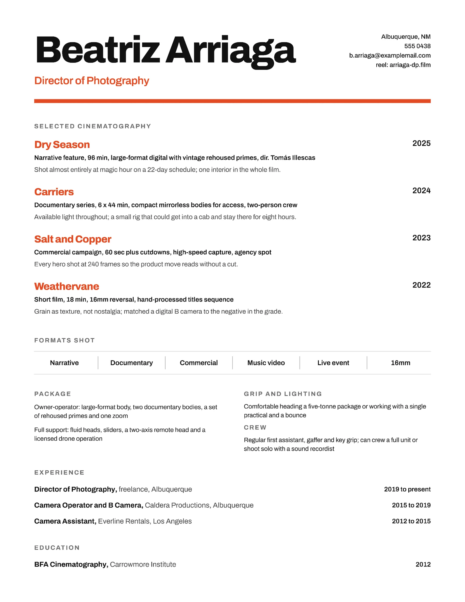 Cinematographer Resume — Letter Resume template