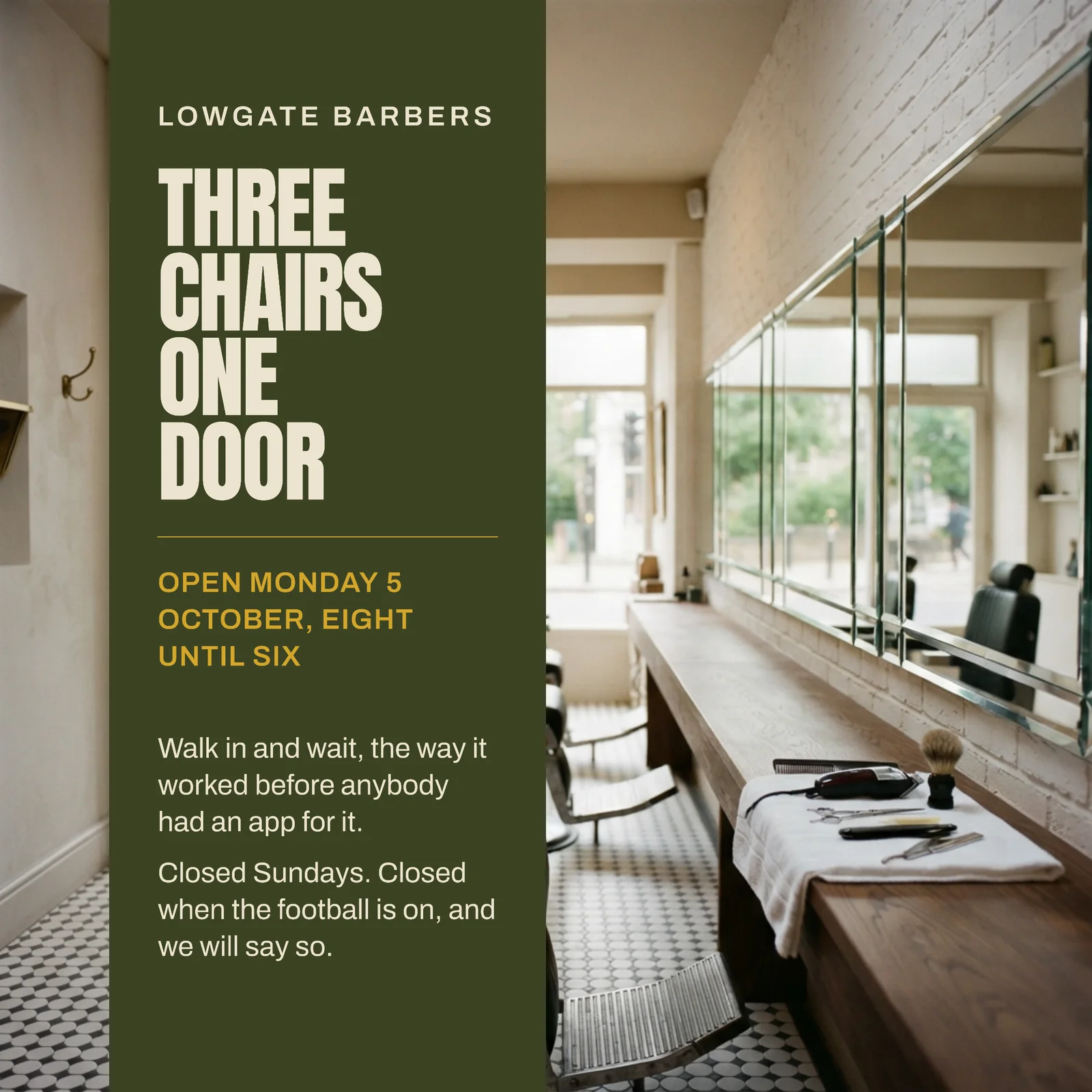 Olive Mustard Vertical Stripe Barbershop Grand Opening Instagram Post — 1:1 Instagram post template