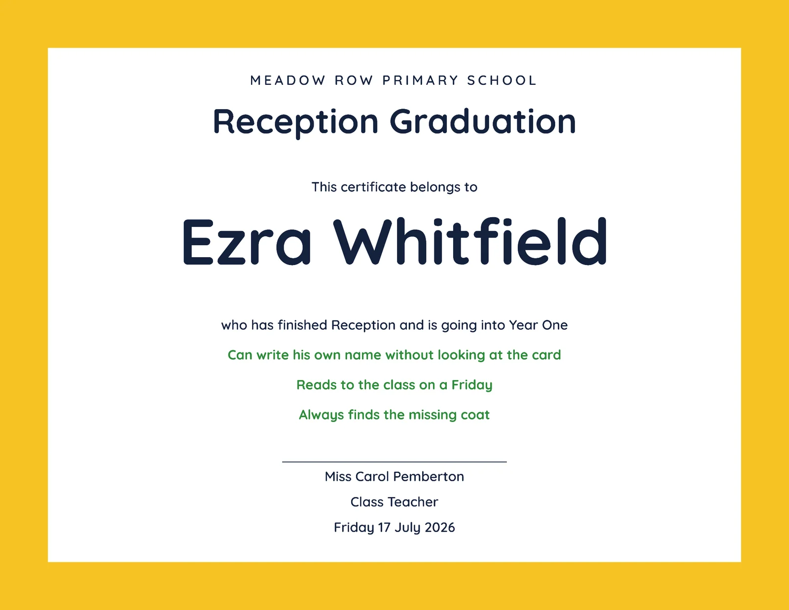 Sunflower Block Frame Early Years Graduation Certificate — Letter landscape Certificate template