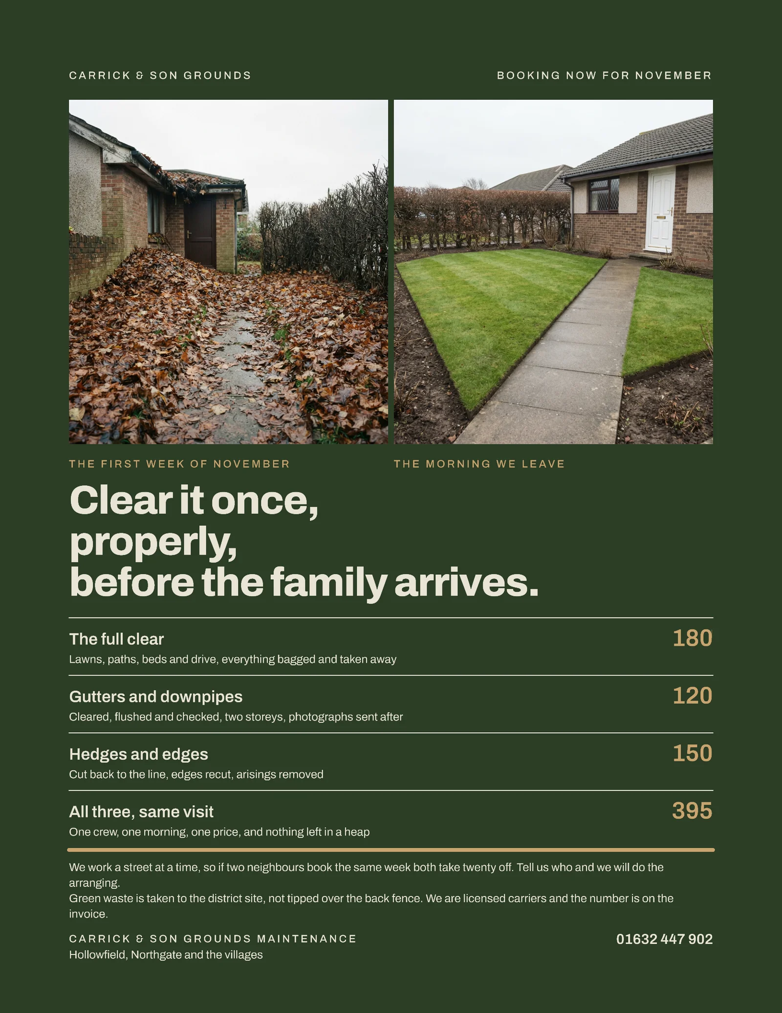 Moss Two Panel Grounds Leaf Clearance Thanksgiving Flyer — Letter Flyer template