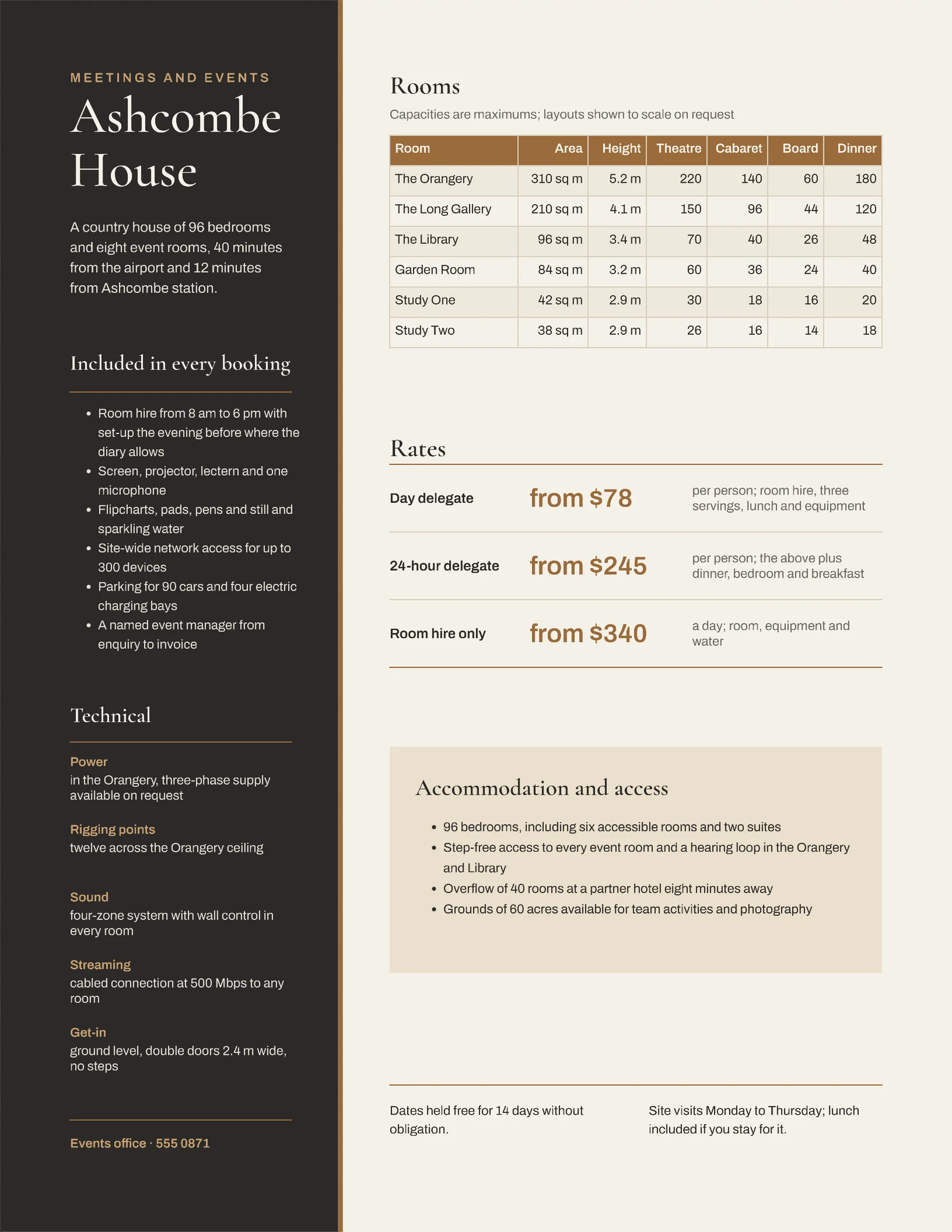Bronze Capacity Table Hotel Meetings Fact Sheet One Pager — 2-page One pager template, page 2 of 2