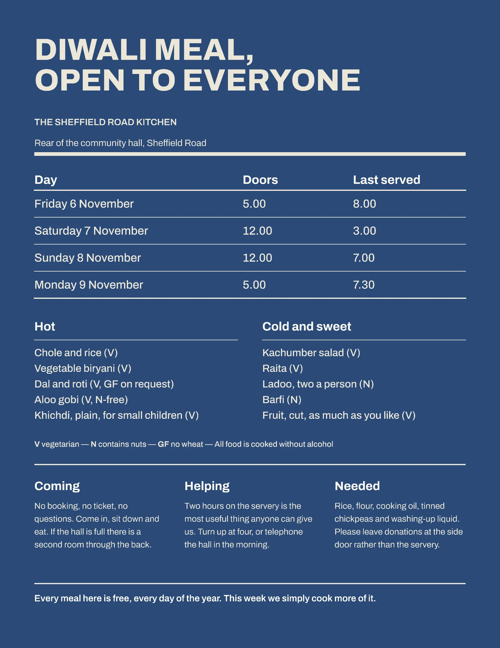 Denim Chalk Service Times Key Community Kitchen Diwali Meal — Letter Menu template