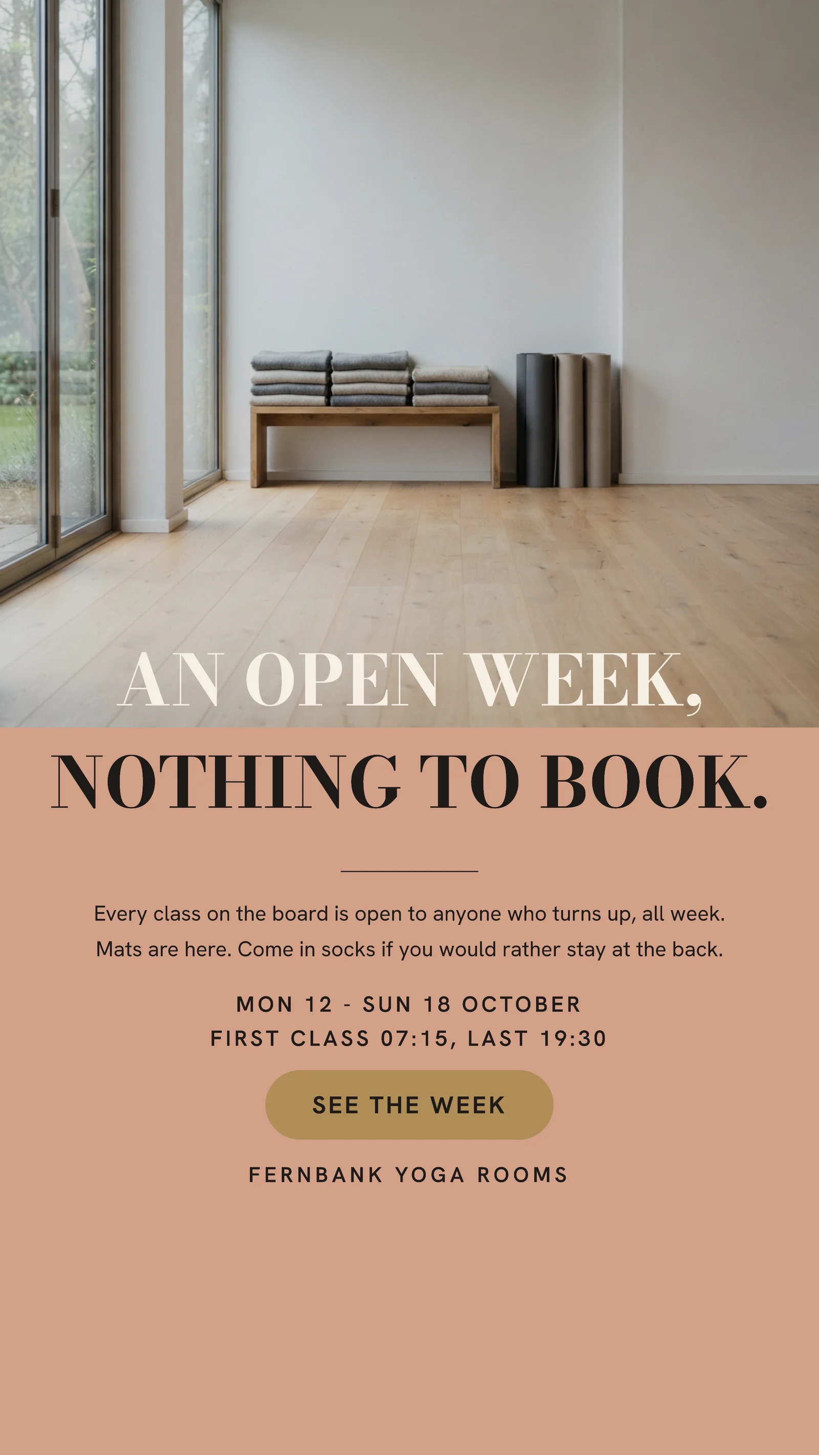 Clay Brass Horizon Seam Yoga Rooms Open Week Instagram Story — 9:16 Instagram story template