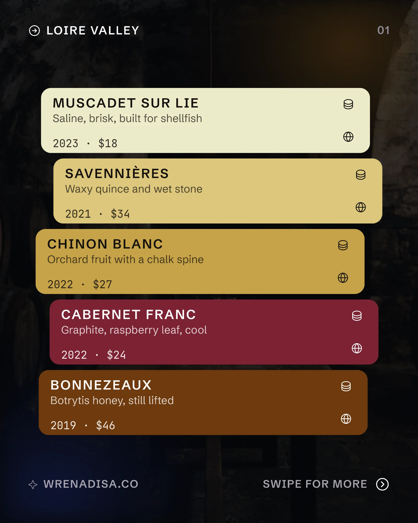 Dark Glow Wine Region Rows Carousel — 5-panel Instagram carousel carousel template, page 2 of 5