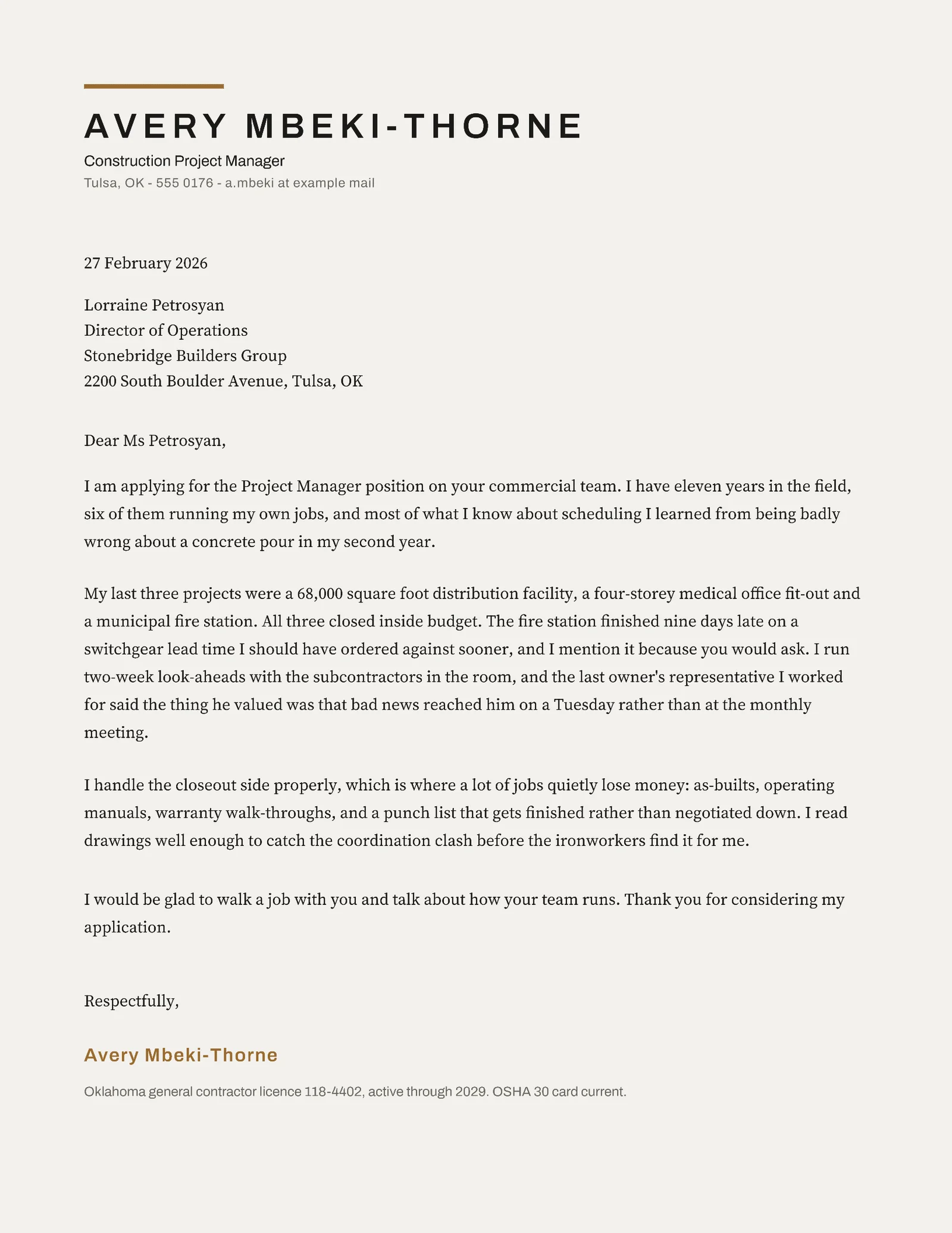 Construction Project Manager Cover Letter — Letter Cover letter template