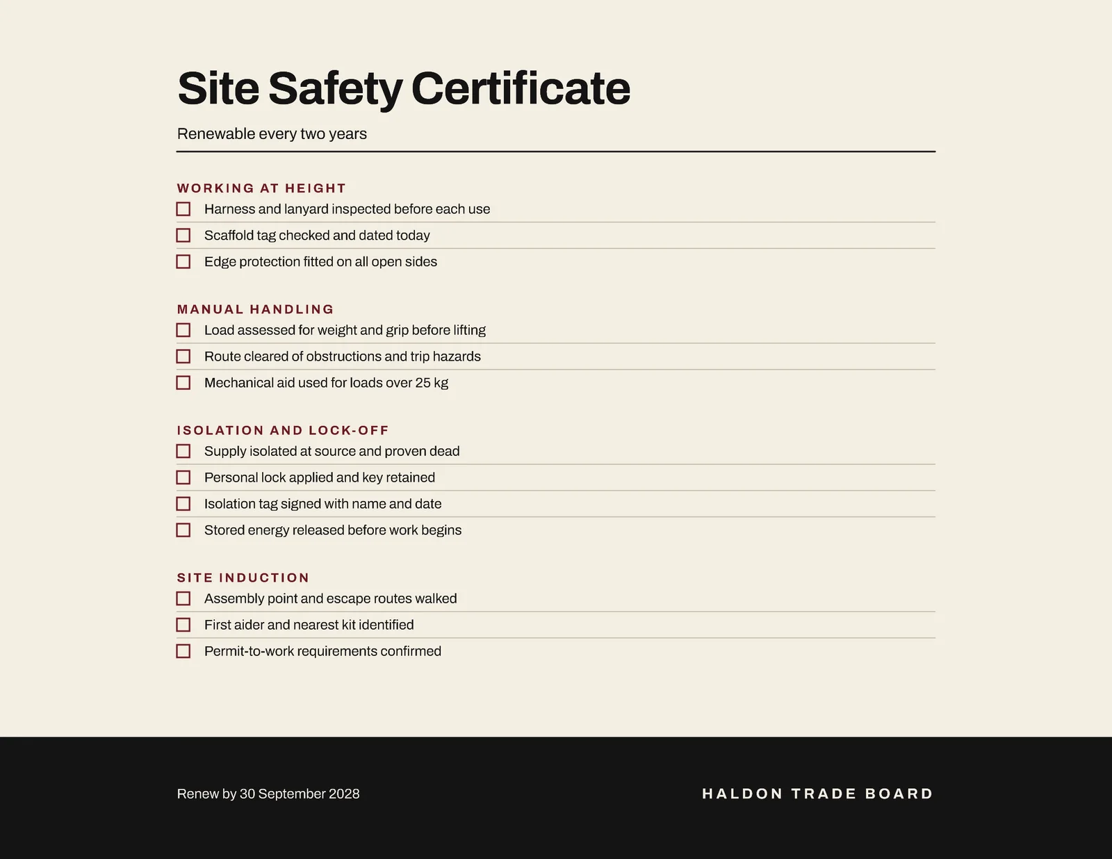 Site Safety Certificate — Letter landscape Certificate template