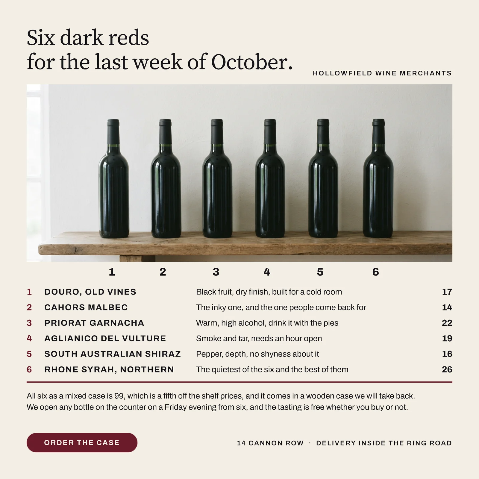 Bone Bottle Row Key Wine Merchant Dark Reds Facebook Ad — 1:1 Facebook ad template