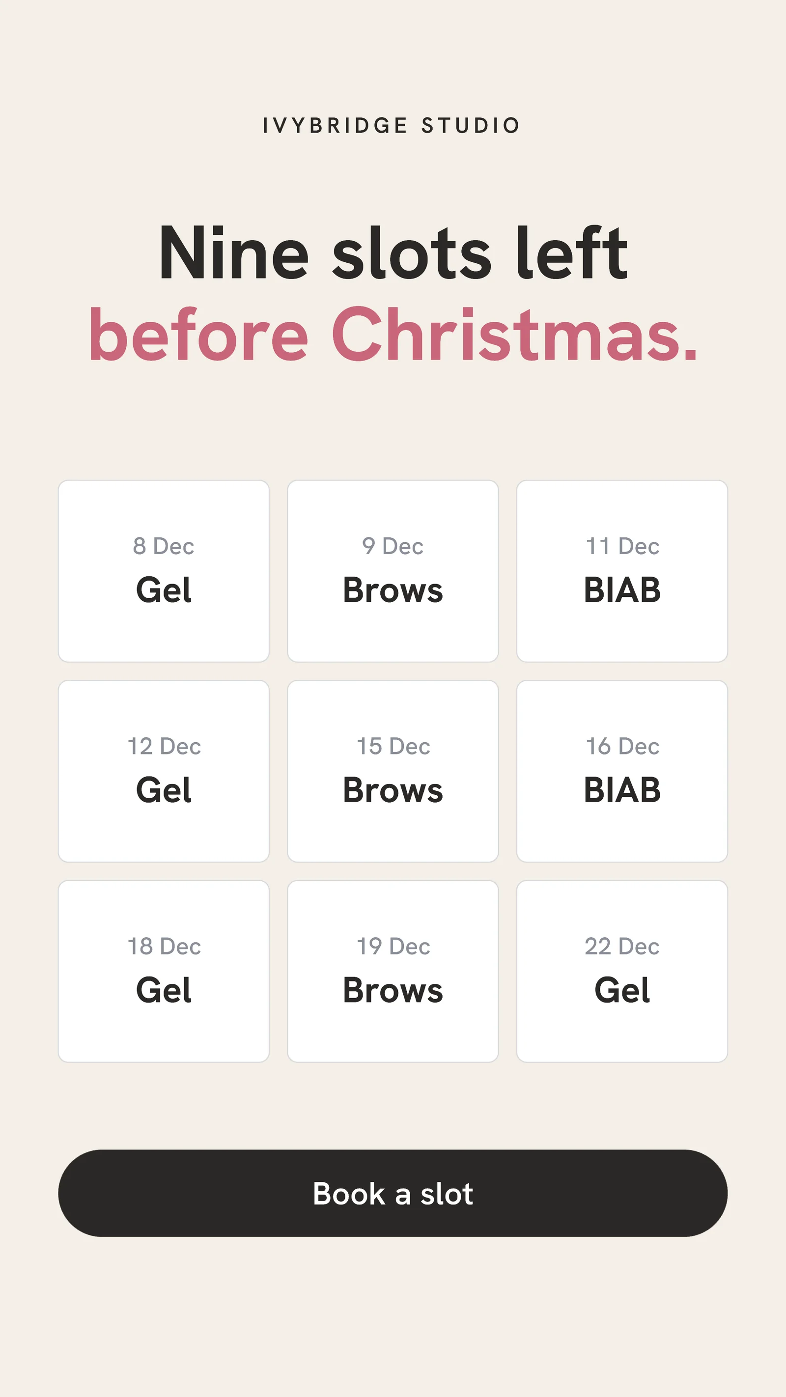 Date card grid booking — 9:16 Instagram ad template