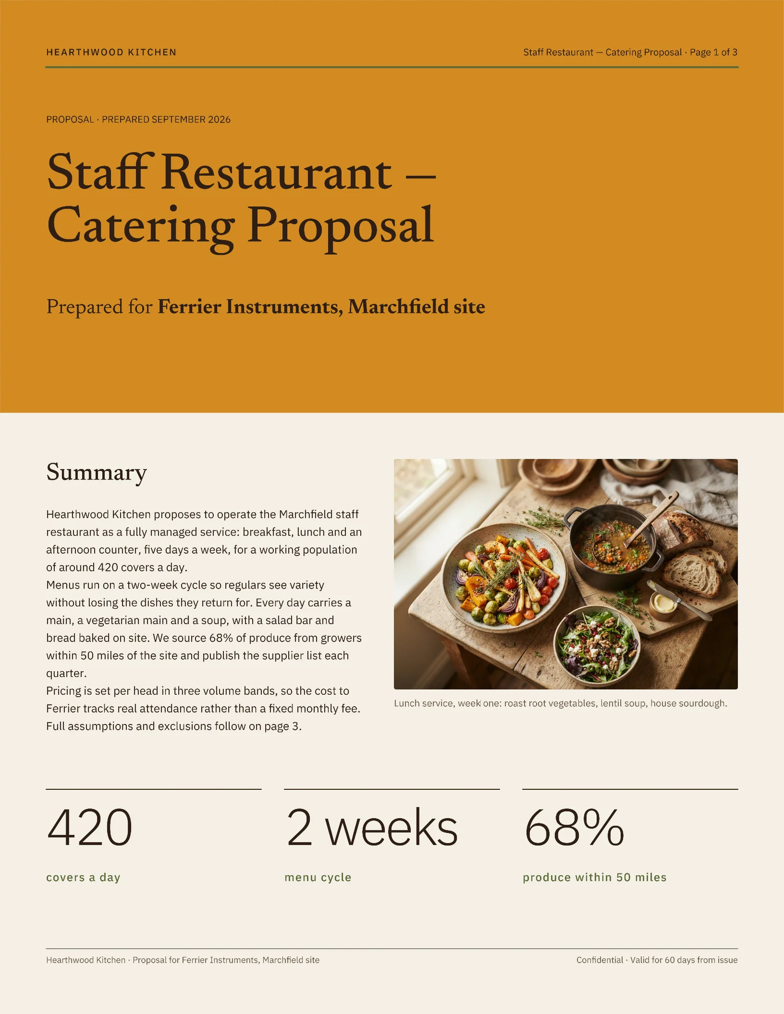 Staff Restaurant Catering Proposal — 3-page Proposal template, page 1 of 3