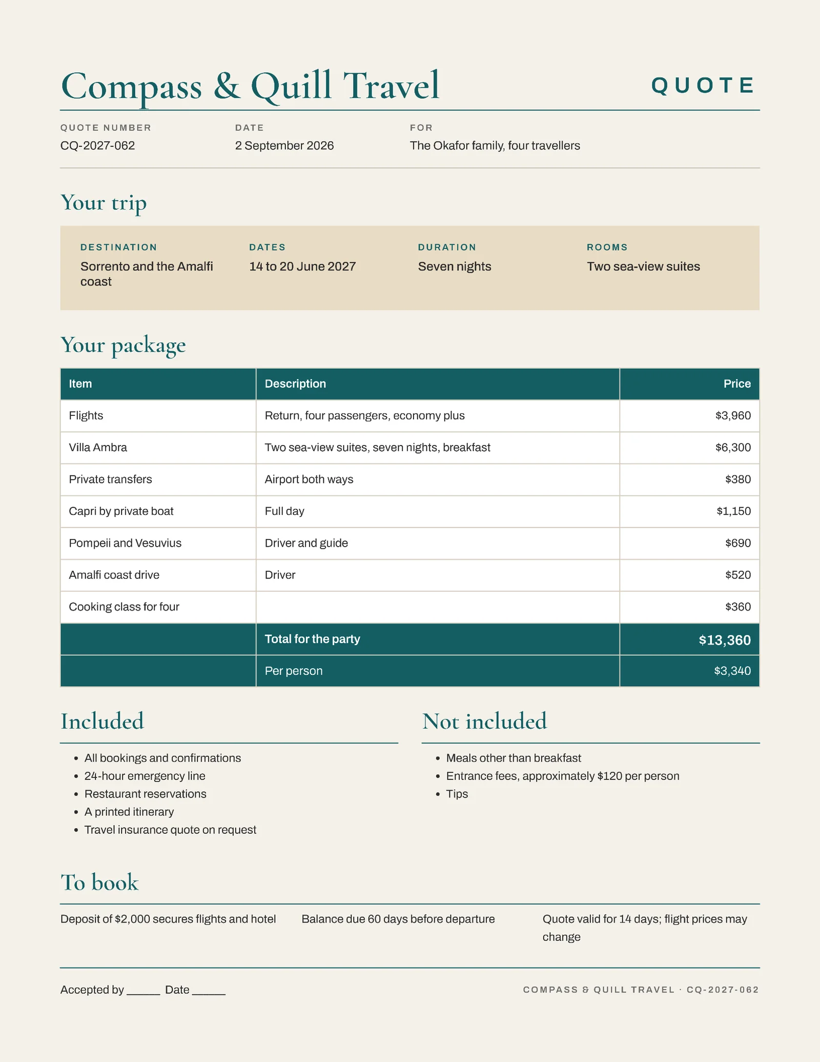 Travel Package Quote — 2-page Quote template, page 1 of 2