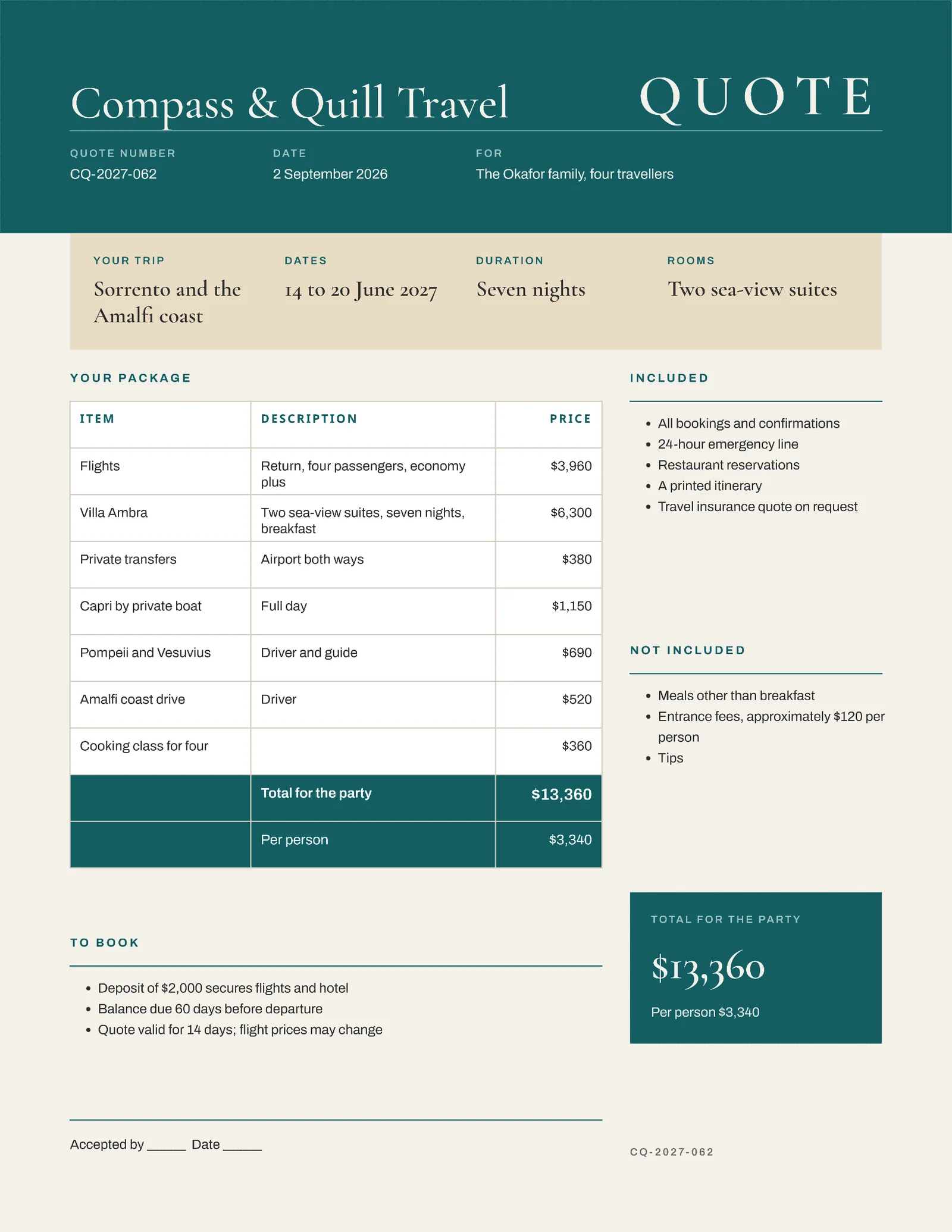 Travel Package Quote — 2-page Quote template, page 2 of 2