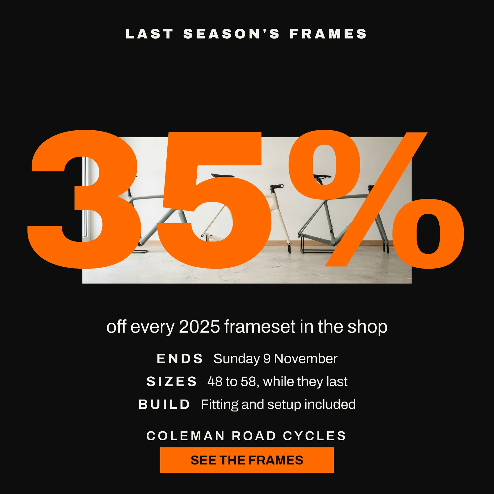 Near Black Orange Numeral Still Life Bike Shop Last Season Frames Instagram Ad — 1:1 Instagram ad template