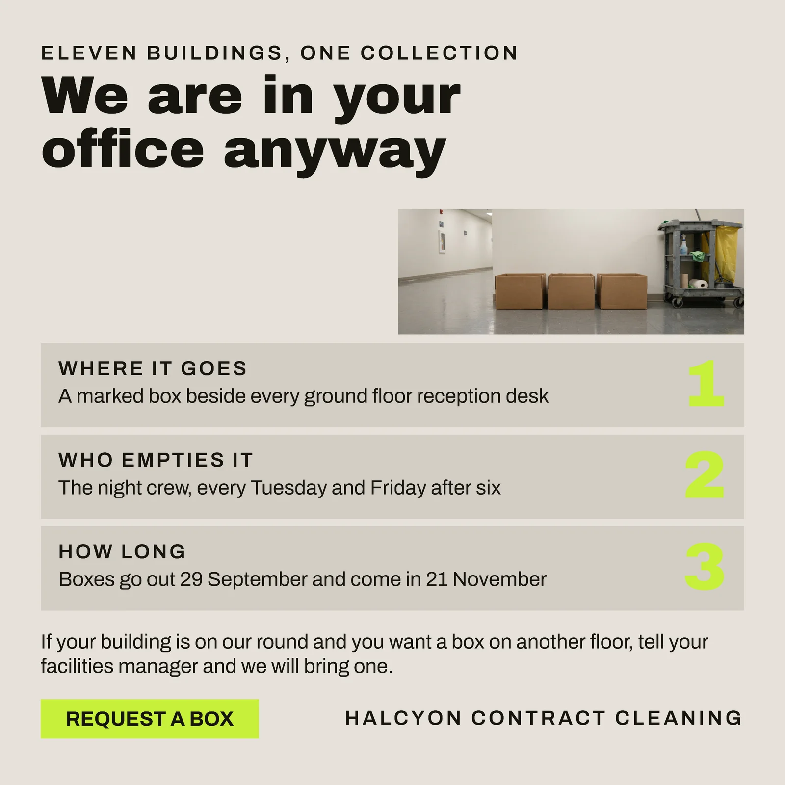 Warm Grey Lime Three Tiles Contract Cleaning Office Boxes Instagram Ad — 1:1 Instagram ad template