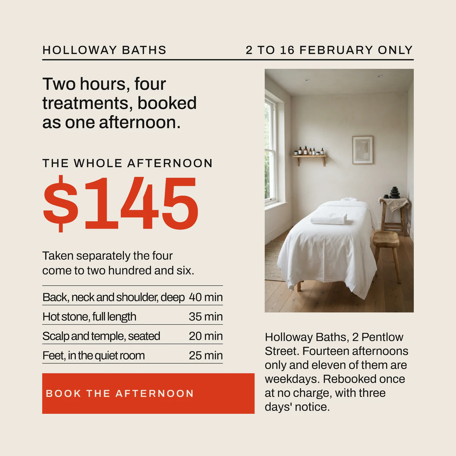 Bone Vermilion Column Grid Day Spa Afternoon Facebook Ad — 1:1 Facebook ad template