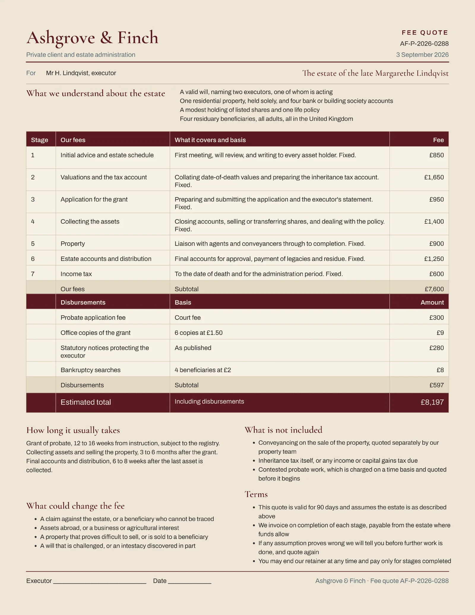 Oxblood Sand Fee Stages Probate Administration Quote — 2-page Quote template, page 1 of 2