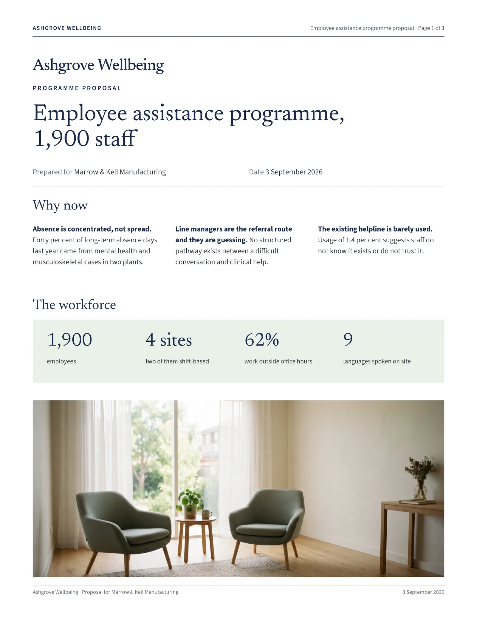 Sage Navy Programme Phases Employee Assistance Proposal — 3-page Proposal template, page 1 of 3
