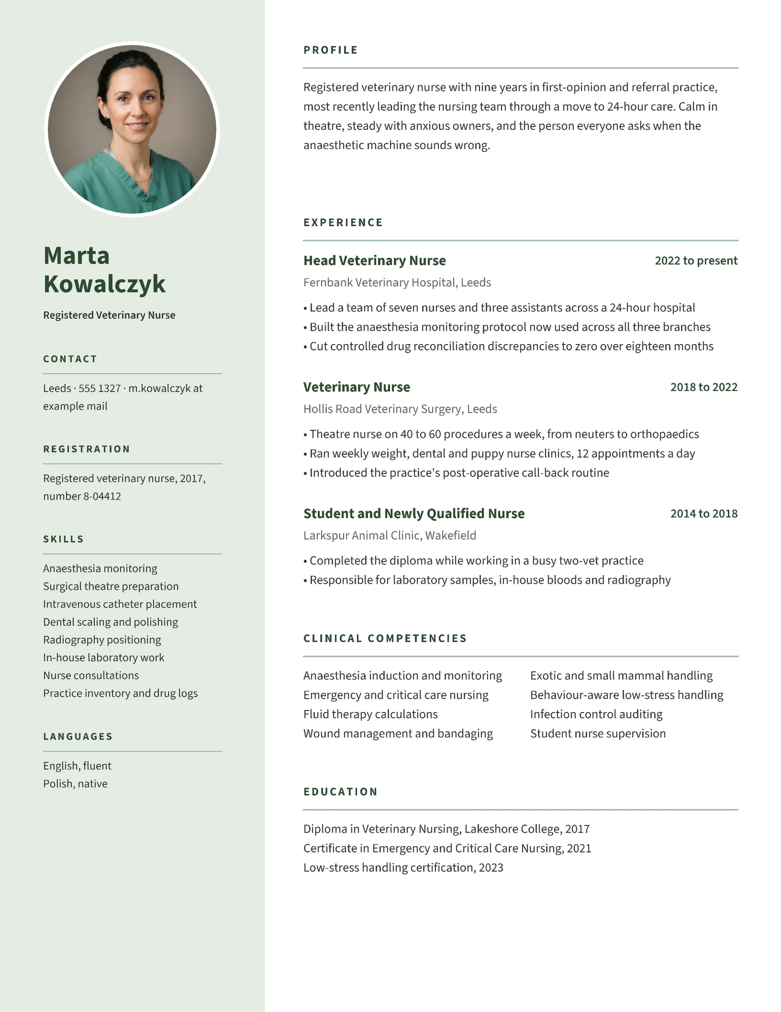 Sage Photo Veterinary Nurse Resume — Letter Resume template