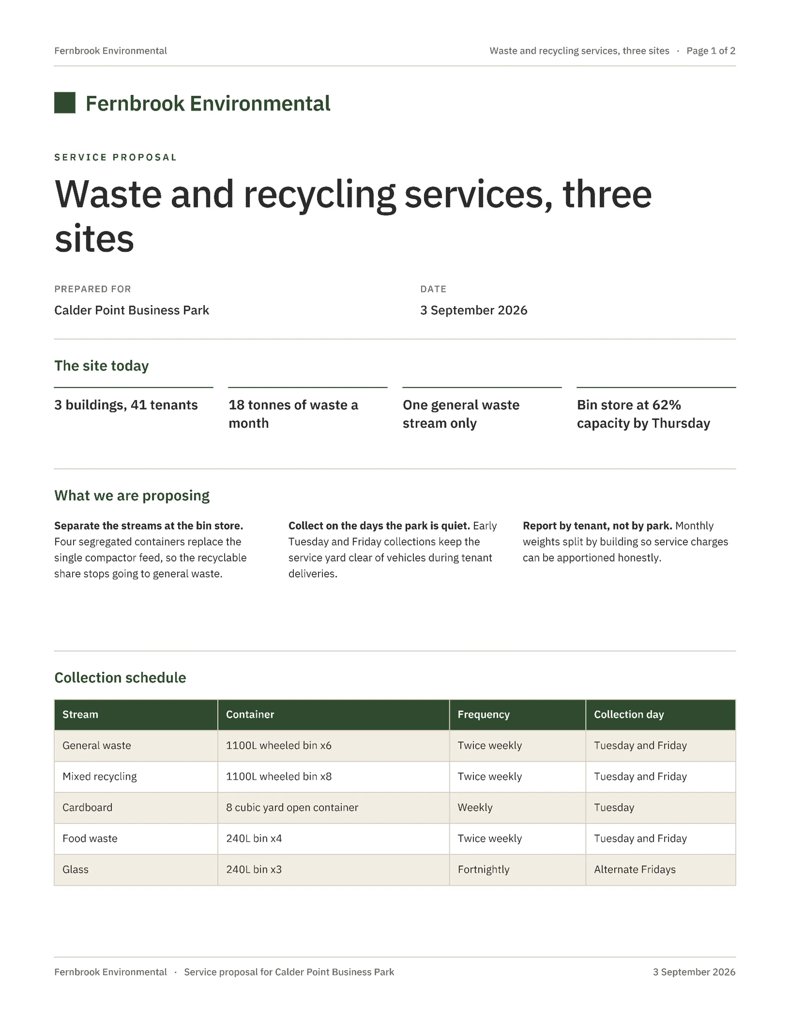 Moss Charcoal Collection Schedule Waste Recycling Proposal — 2-page Proposal template, page 1 of 2