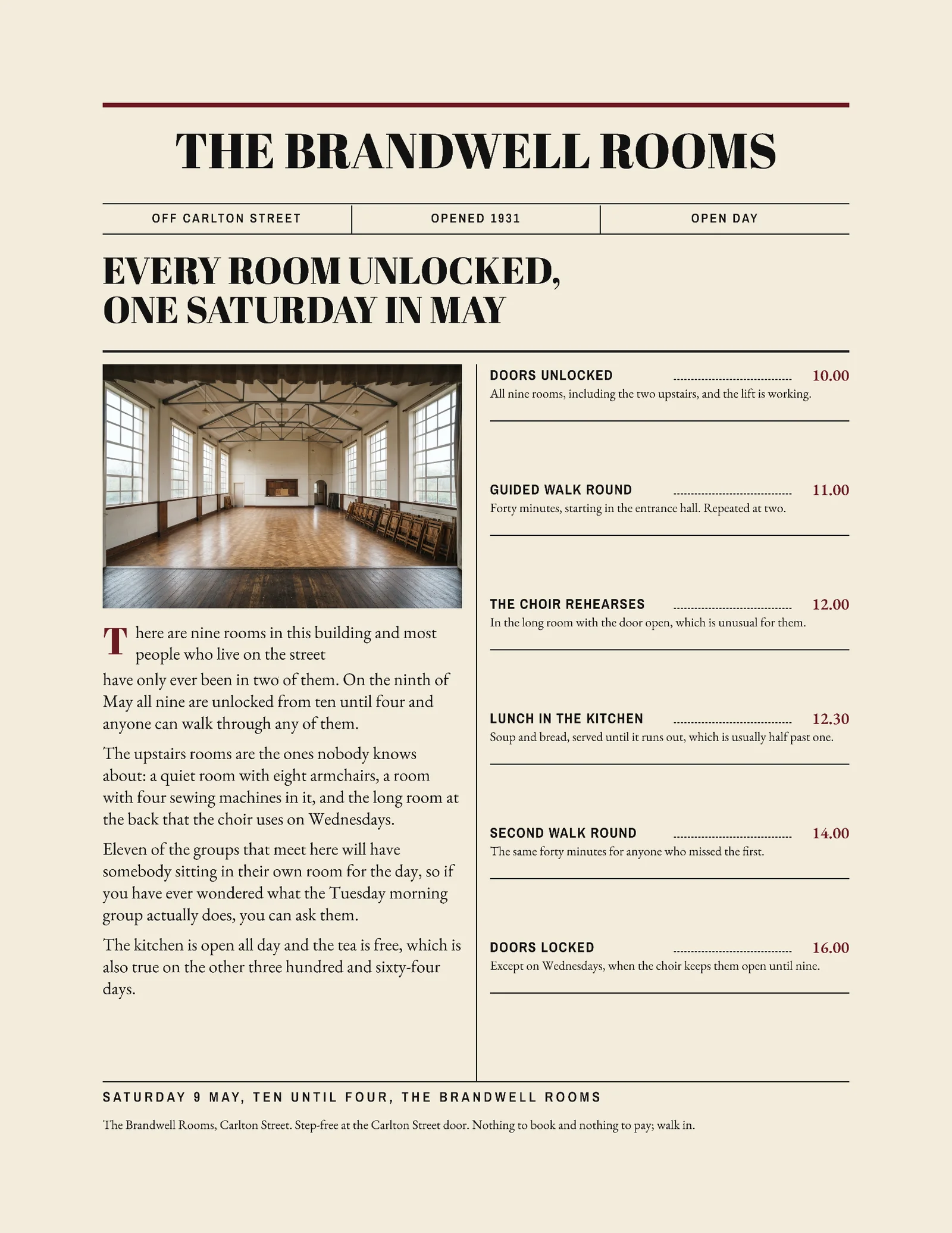 Newsprint Oxblood Two Column Community Rooms Open Day Invitation — Letter Invitation template