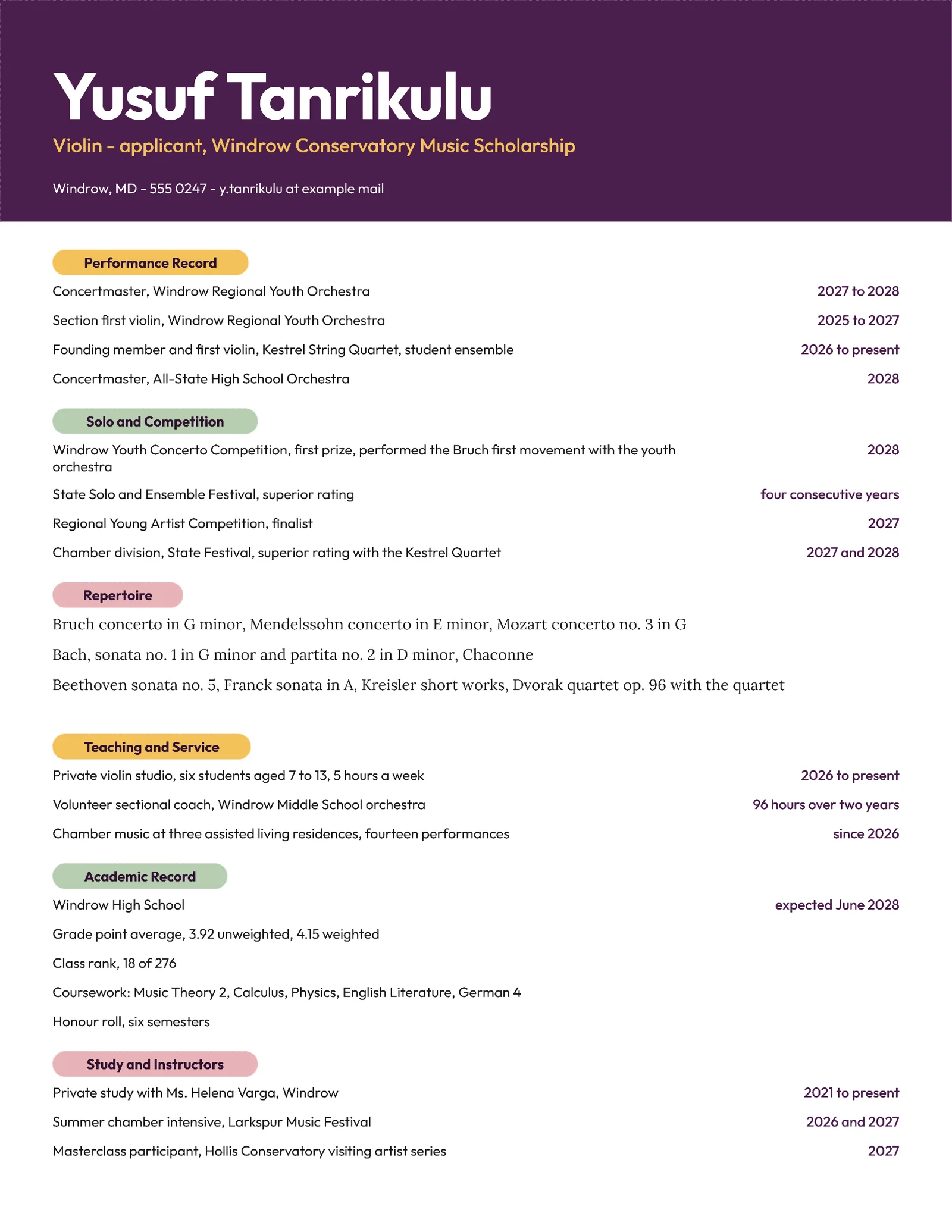 Music Scholarship Resume — Letter Resume template