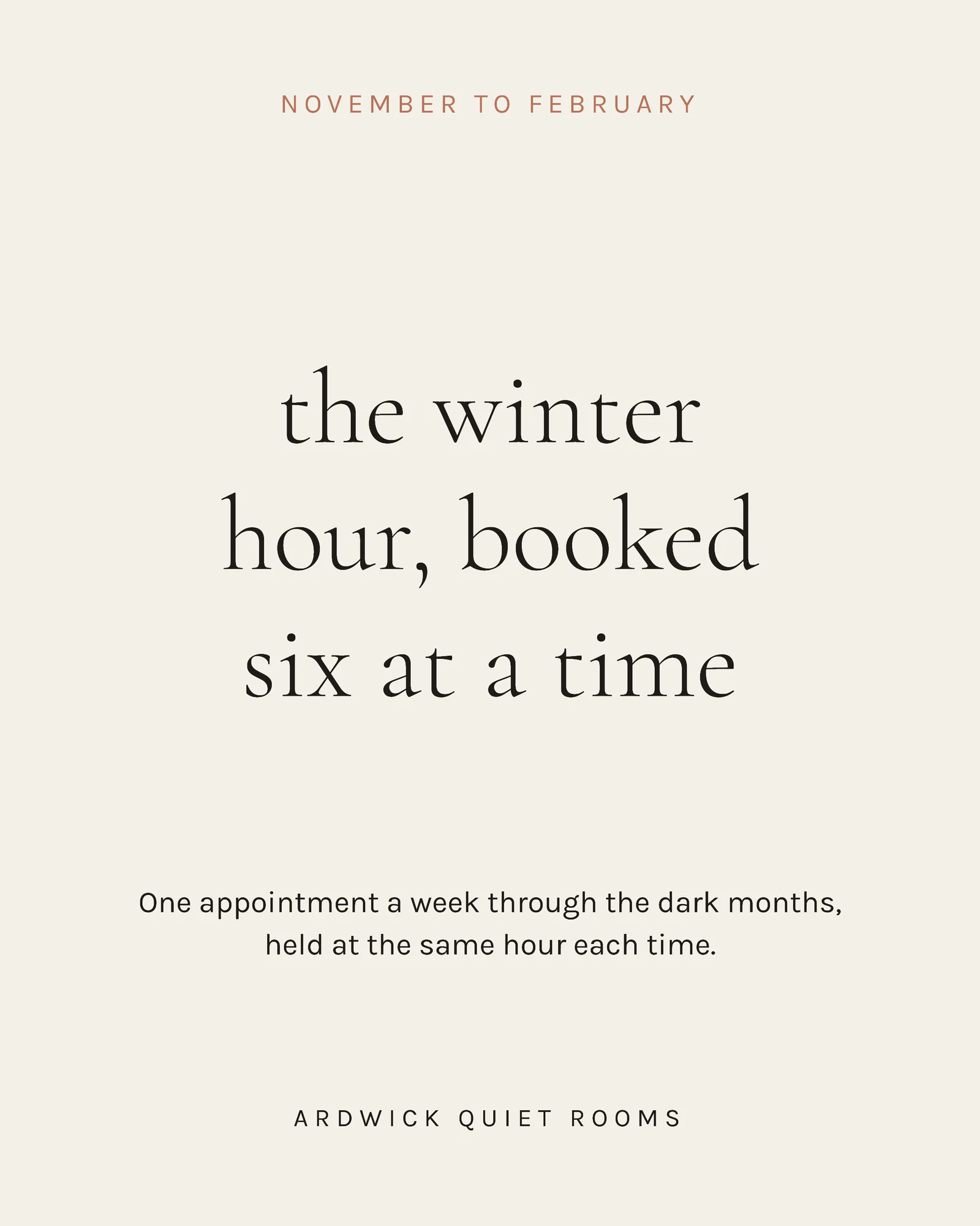 Ivory Clay Centred Serif Treatment Rooms Winter Hour Instagram Carousel — 4-panel Instagram carousel carousel template, page 1 of 4