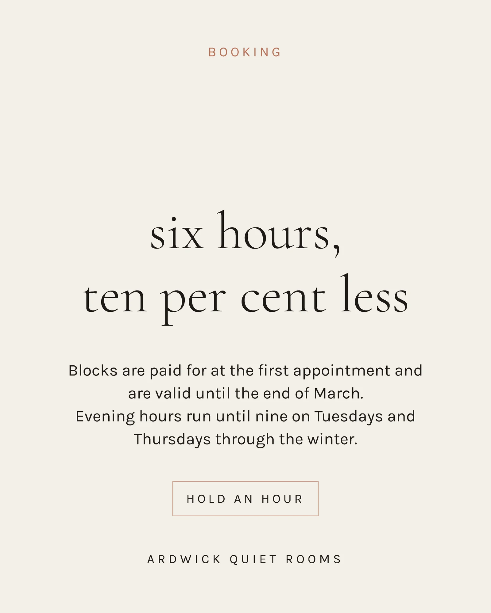 Ivory Clay Centred Serif Treatment Rooms Winter Hour Instagram Carousel — 4-panel Instagram carousel carousel template, page 4 of 4