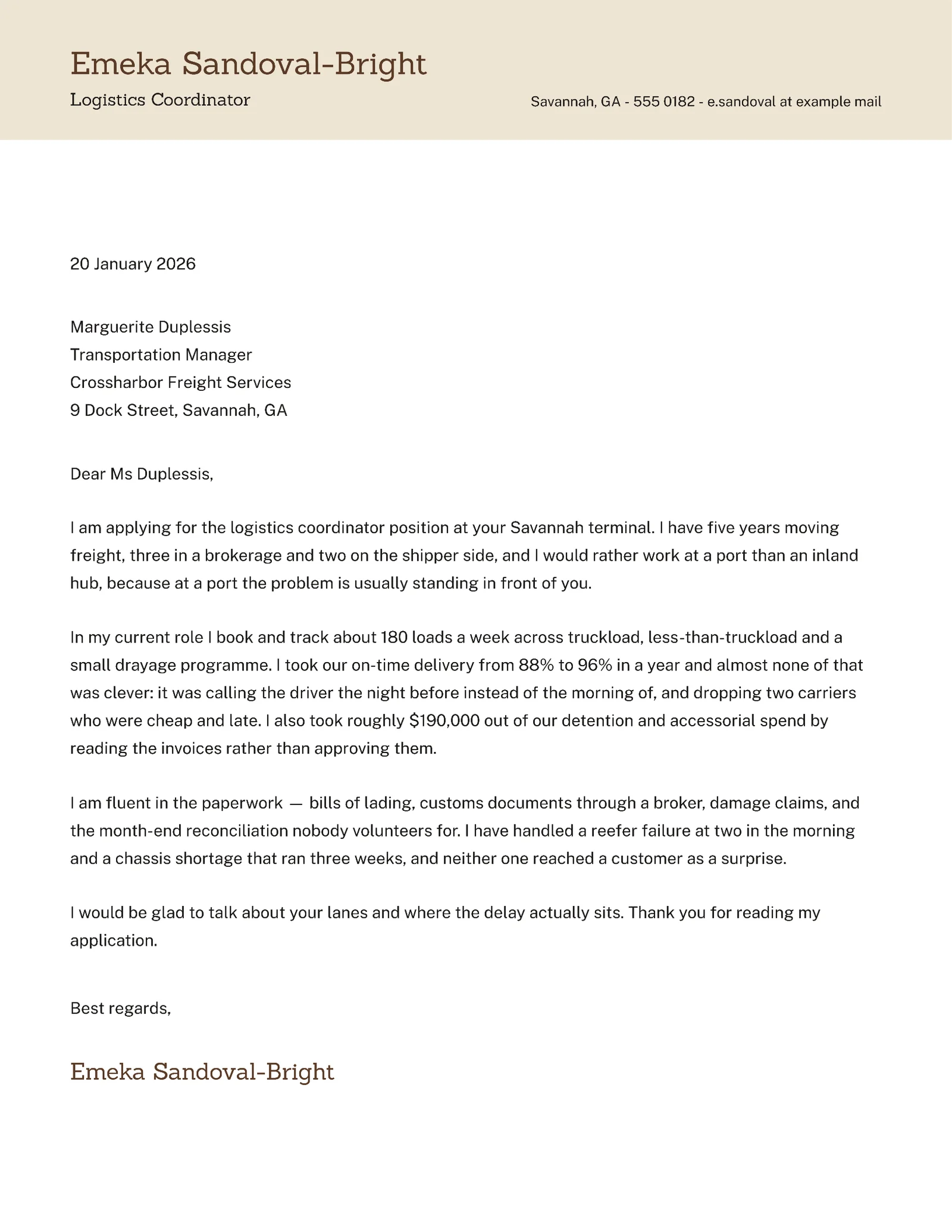 Logistics Coordinator Cover Letter — Letter Cover letter template