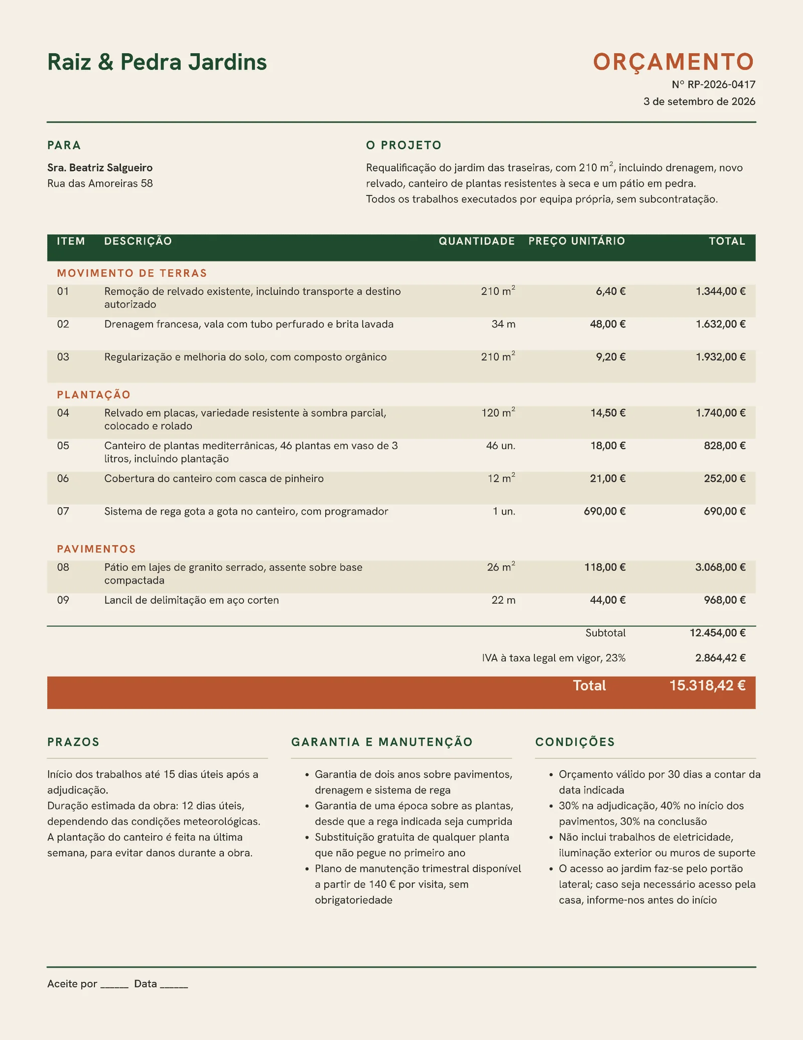 Verde Terracota Orcamento Paisagismo Quote Portuguese — Letter Quote template