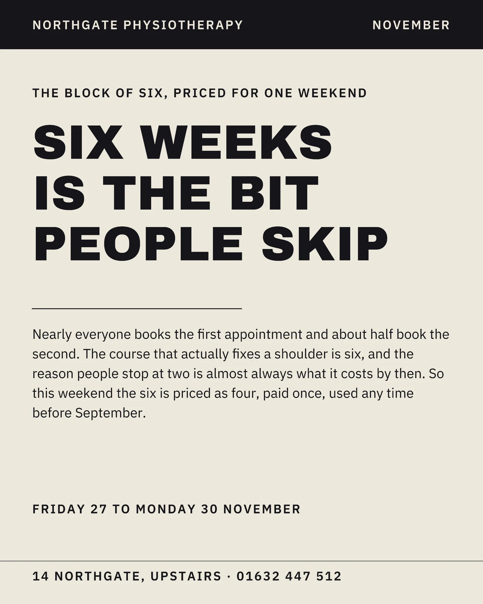 Bone Oxblood Two Column Physiotherapy Black Friday Block Facebook Carousel — 4-panel Facebook carousel carousel template, page 1 of 4