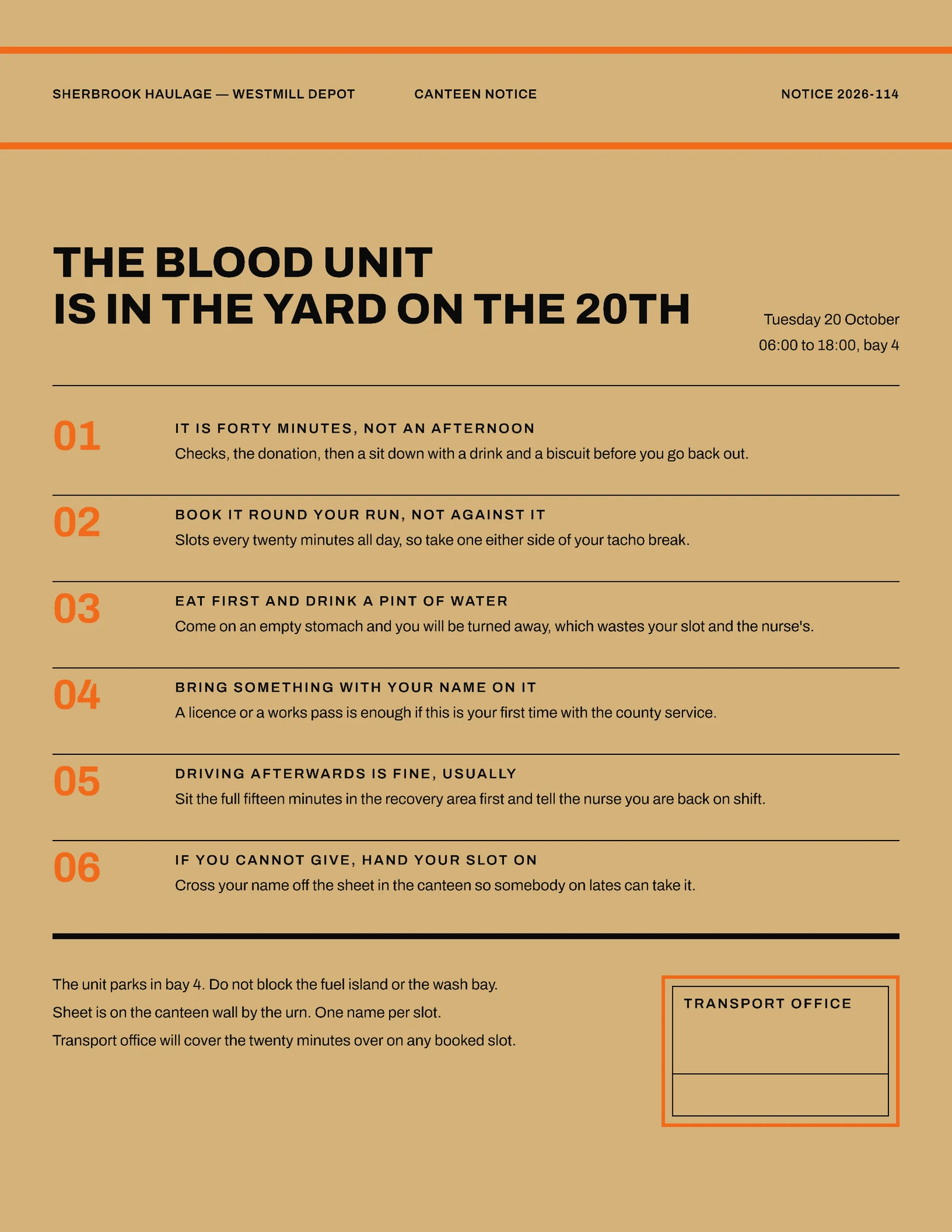 Manila Orange Numbered Manifest Rows Haulage Depot Blood Unit Flyer — Letter Flyer template