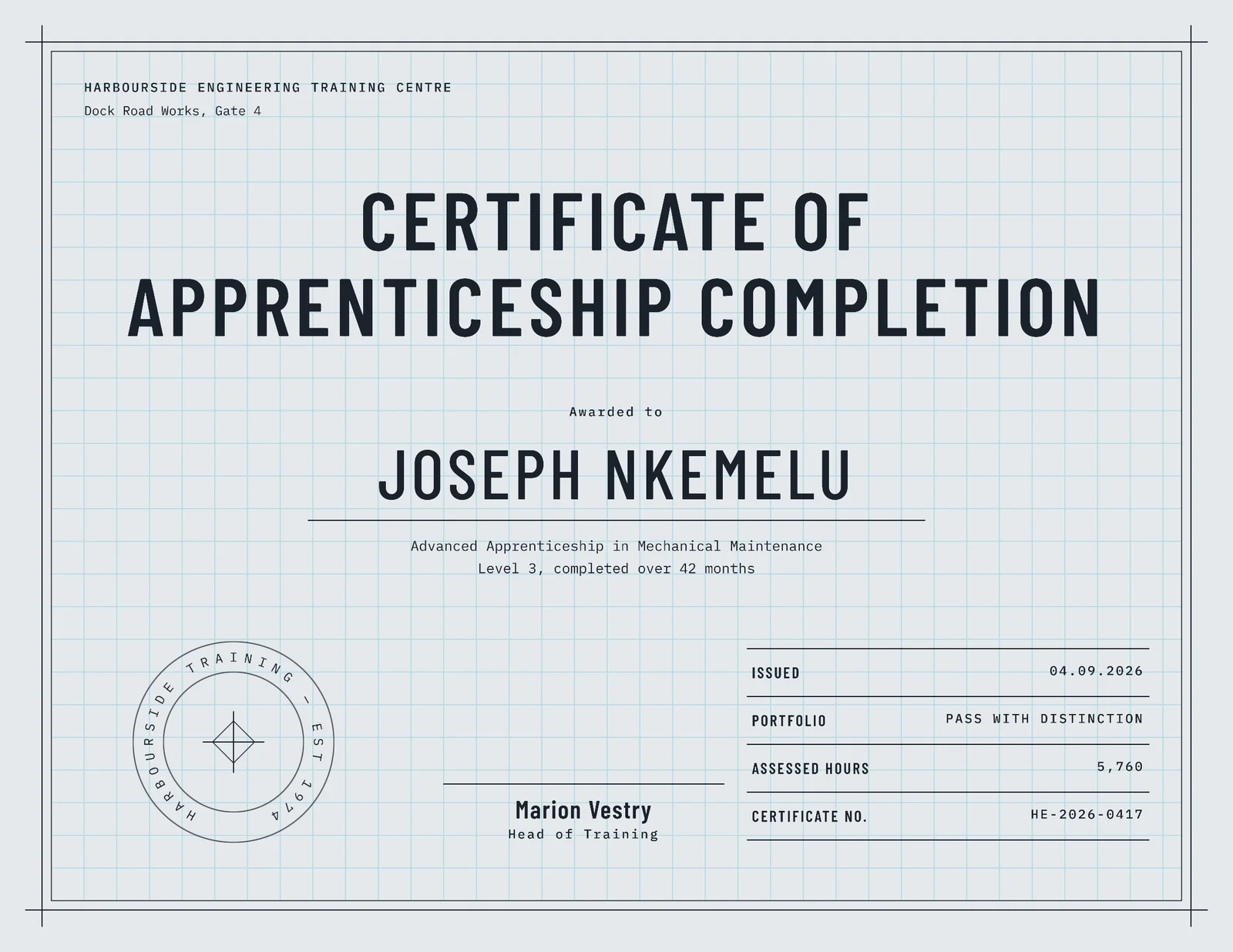 Slate Blueprint Apprenticeship Certificate — Letter landscape Certificate template