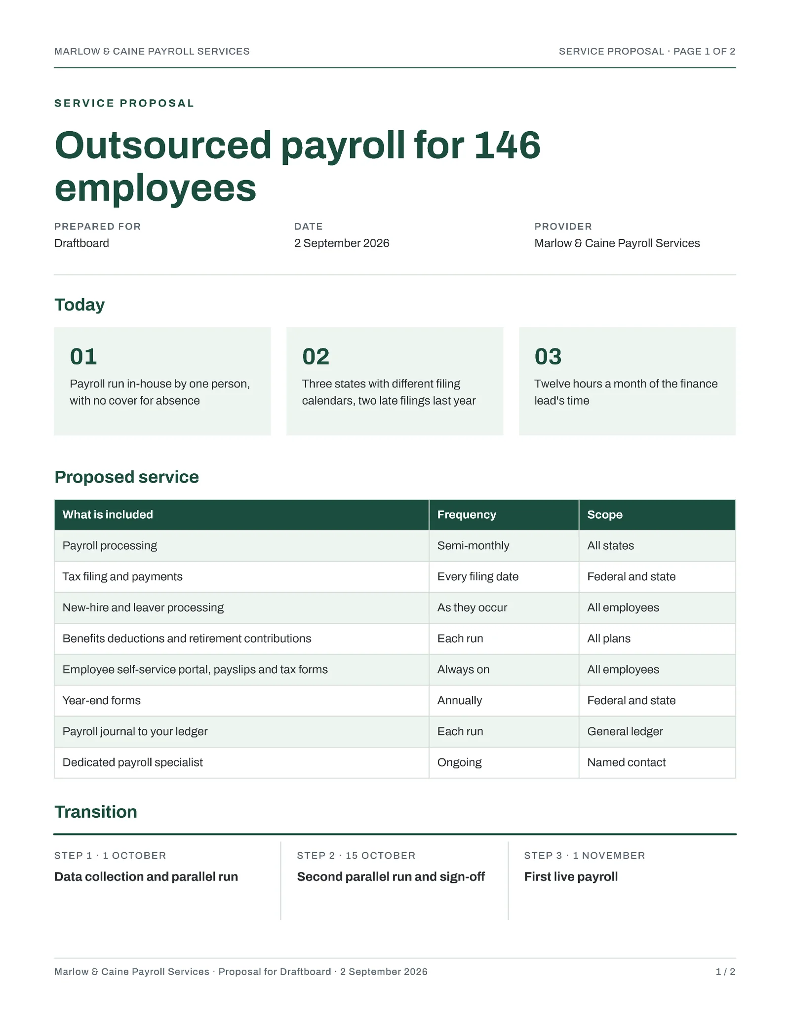 Corporate Payroll Outsourcing Proposal — 2-page Proposal template, page 1 of 2